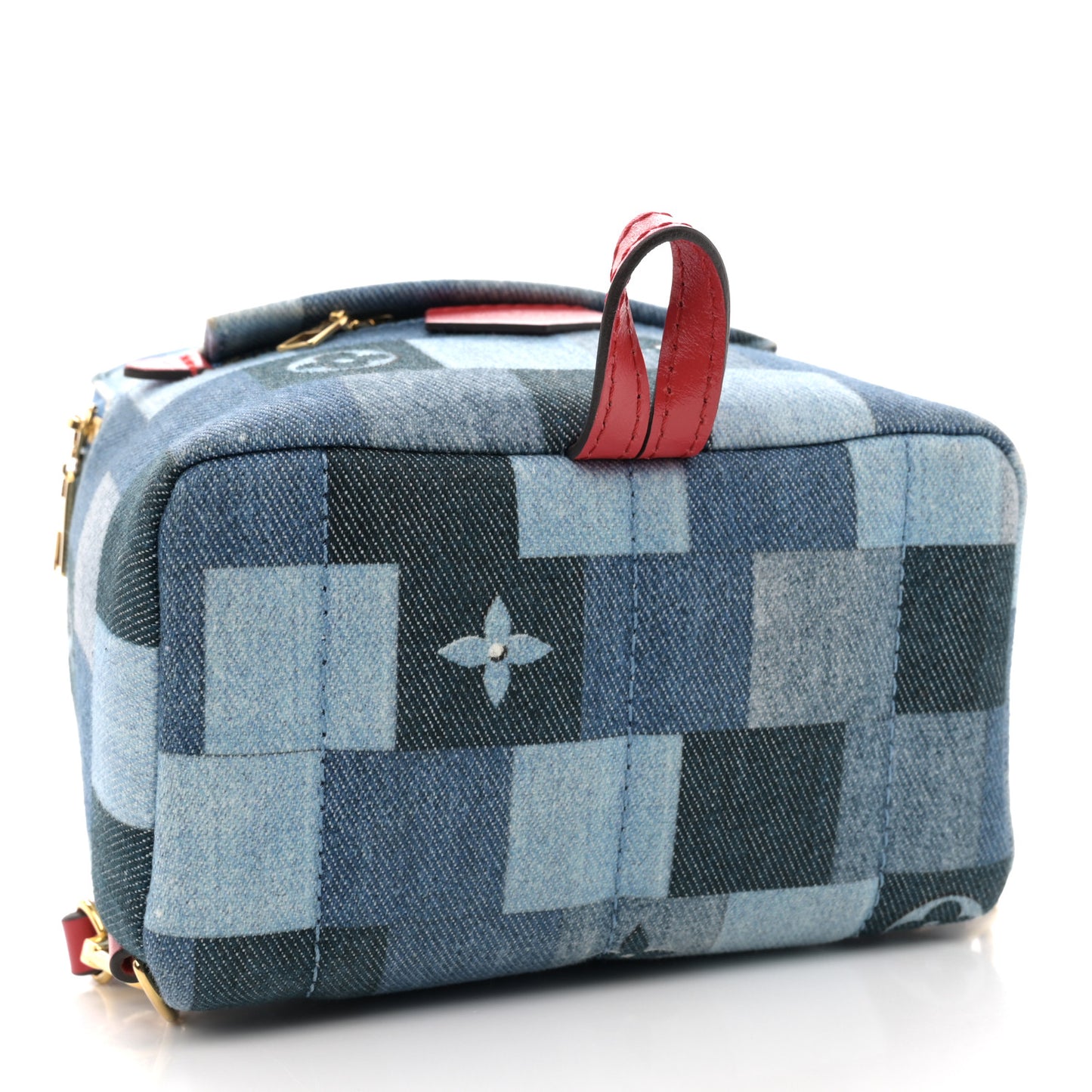 Denim Damier Monogram Patchwork Palm Springs Backpack Mini Blue Rouge