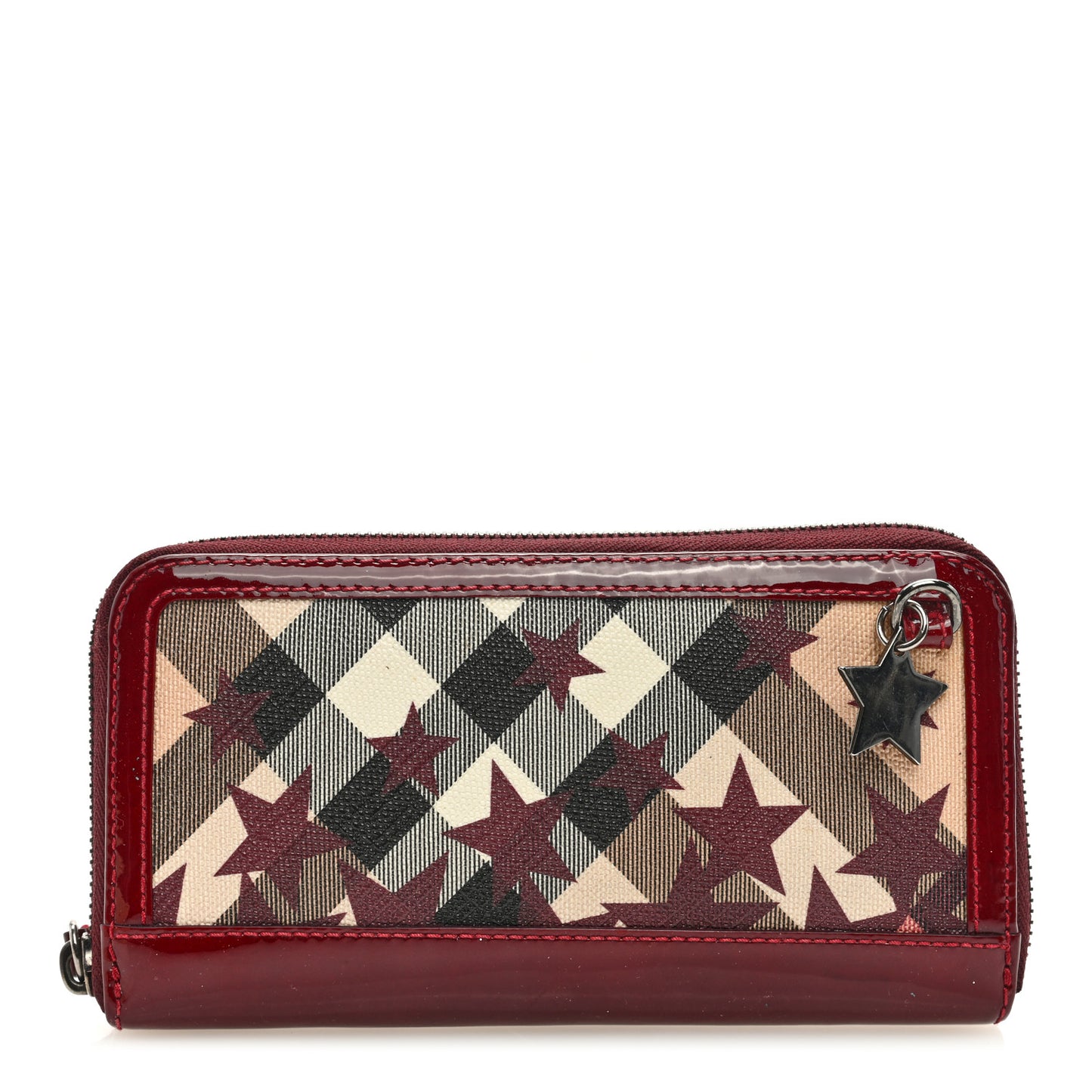 Patent Supernova Check Stars Large Zip Around Wallet Berry Red