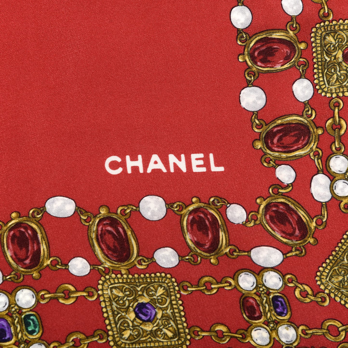Silk Pearl Jewel Chain Print Scarf Red