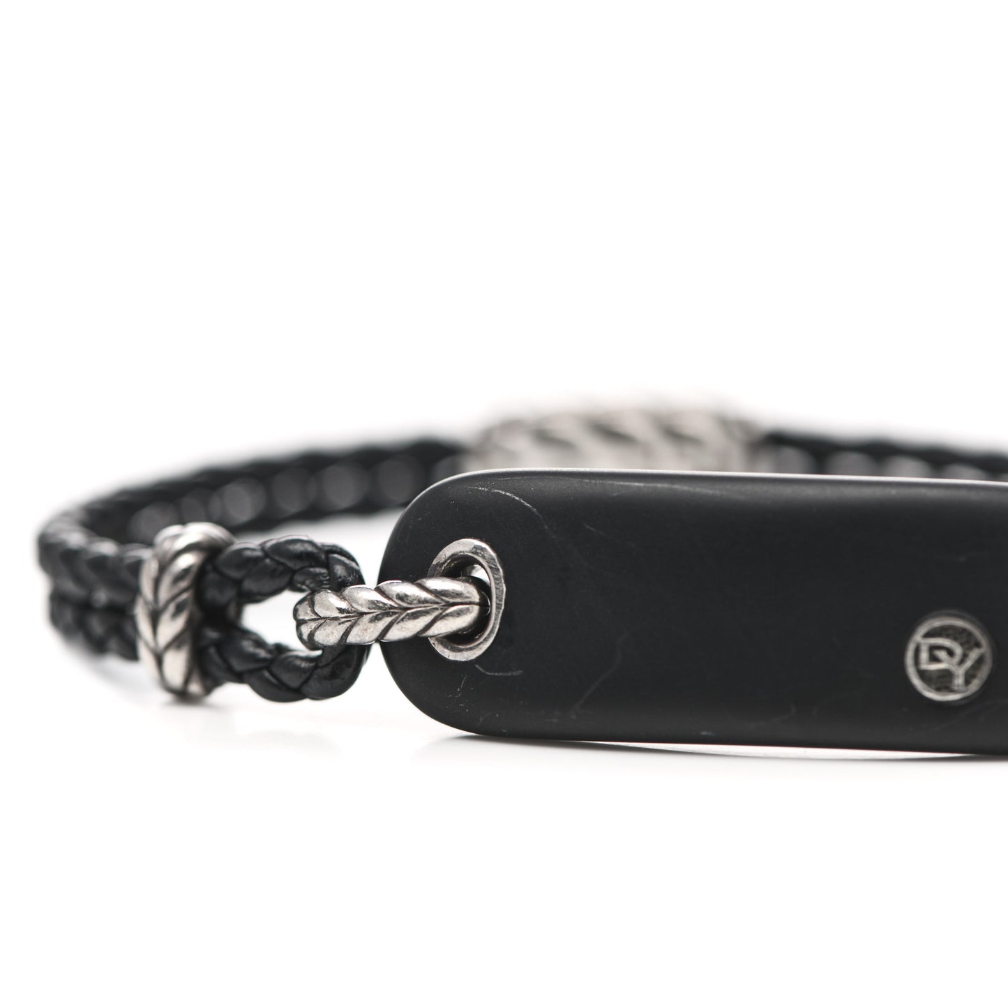 Sterling SIlver Leather Clay Mens Cable ID Bracelet Black