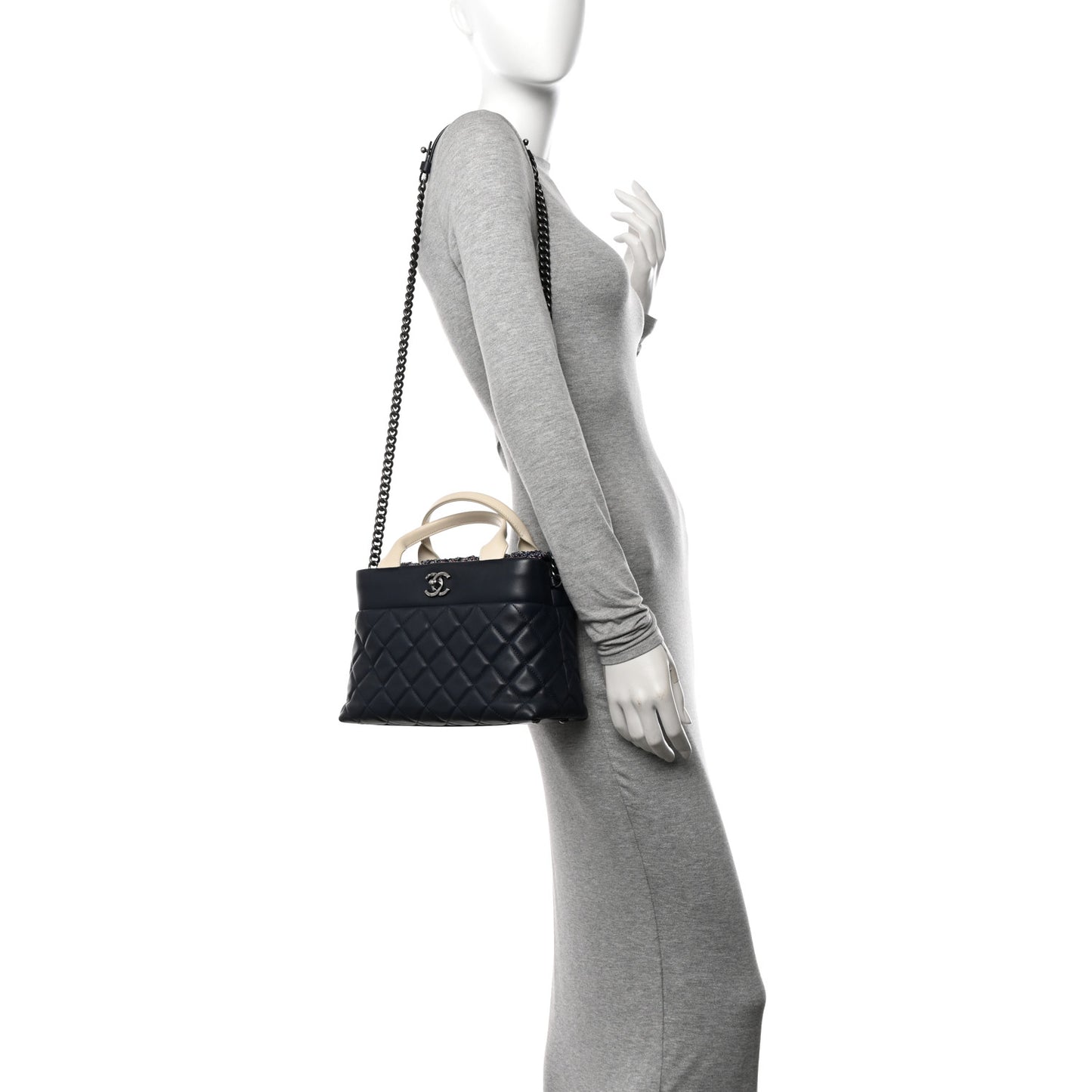 Calfskin Tweed Quilted Small Tote Navy Multicolor