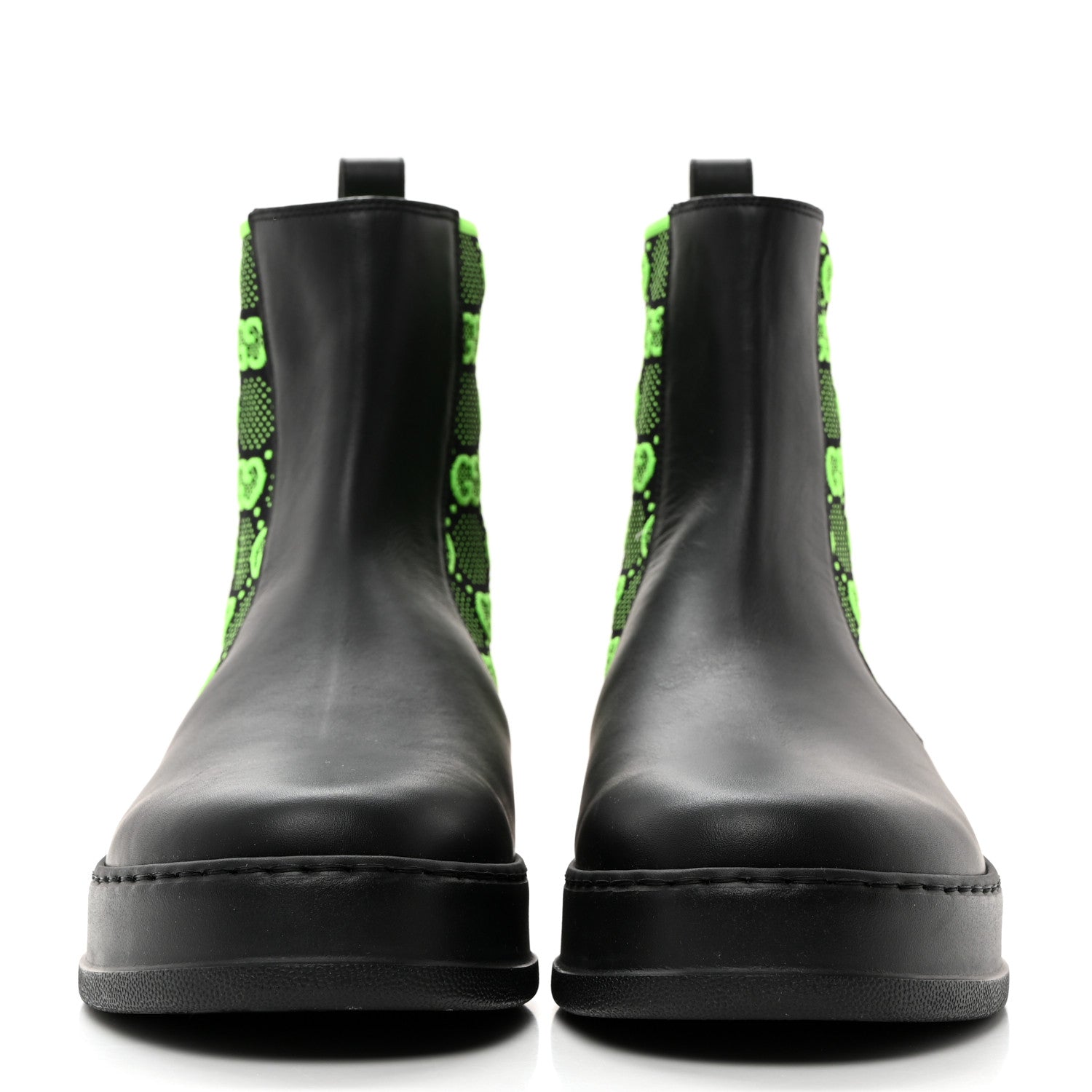 Gucci Dali Soft Calfskin Technical Jersey Knit GG Monogram Mens Ankle Boots 11 Black Neon Green 2 of 9