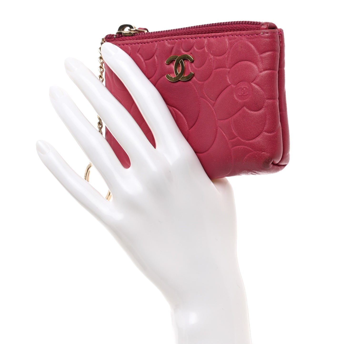 Lambskin Camellia Embossed Key Holder Case Fuchsia