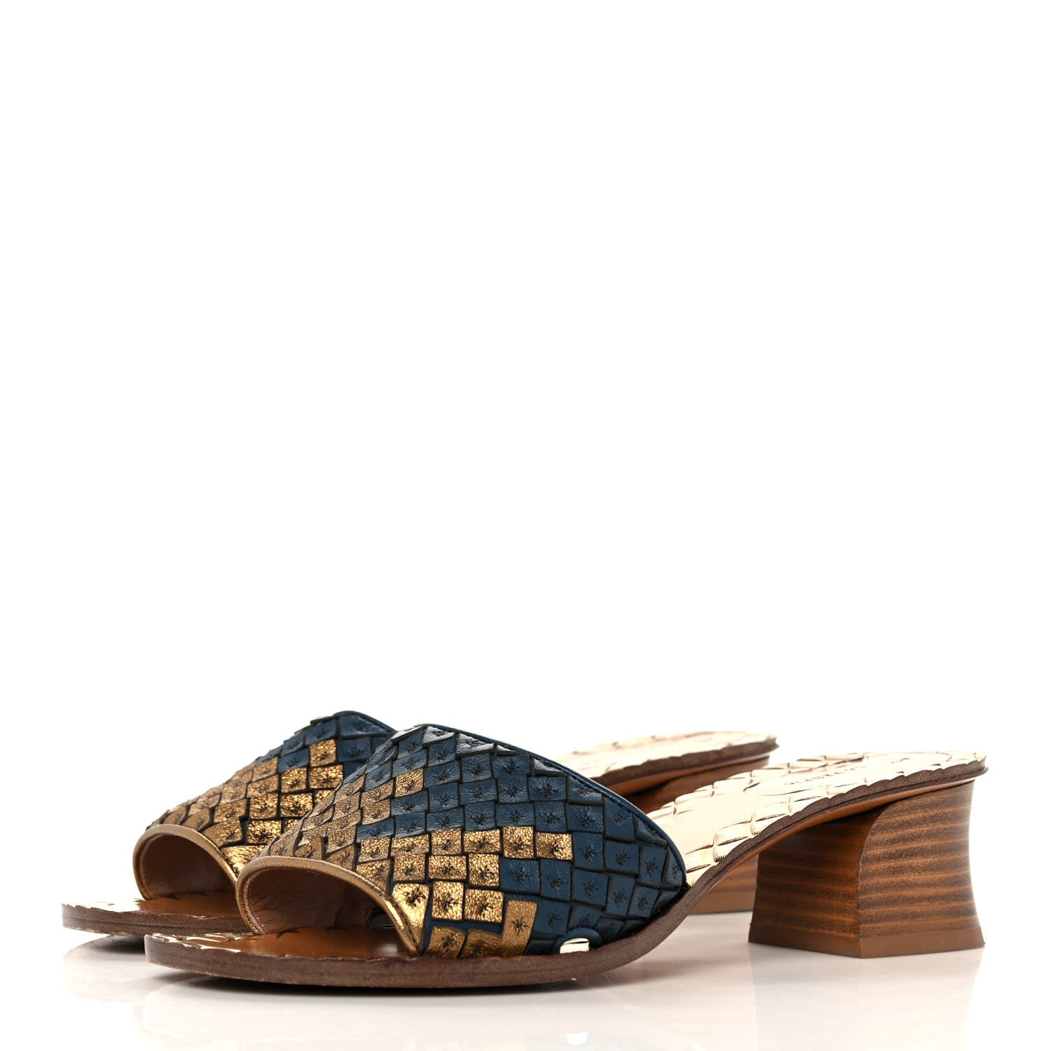 Bottega Veneta Metallic Nappa Intrecciato Slide Sandals 37 Blue Gold 3 of 7