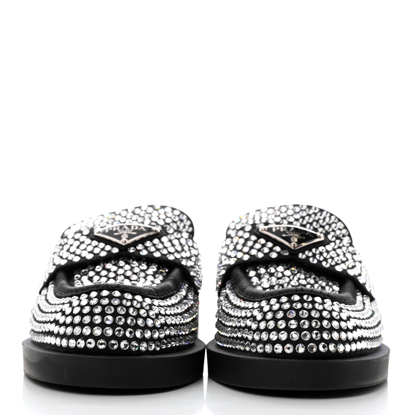 Satin Crystal Metal Triangle Logo 40mm Loafer Mules 38.5 Cristal