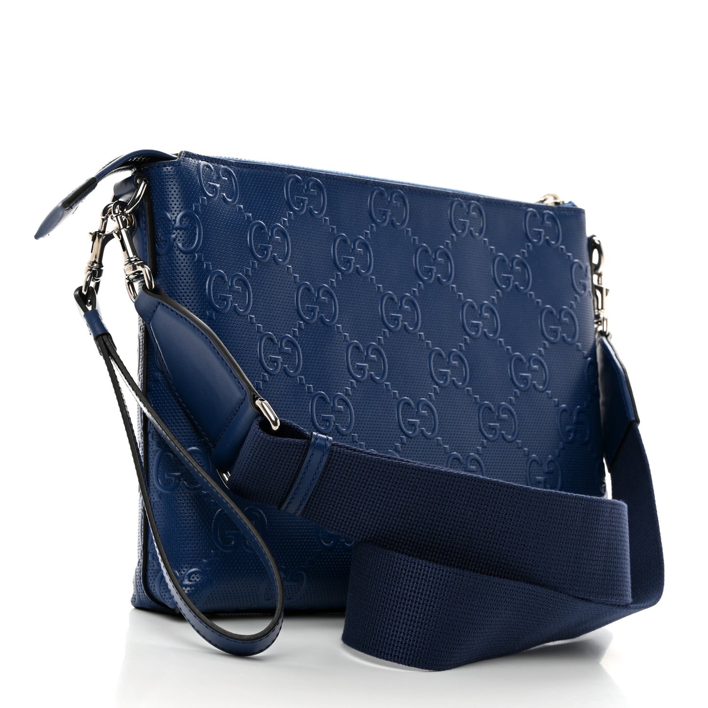 Calfskin GG Tennis Embossed Medium Wristlet Messenger Bag Intense Metal Blue
