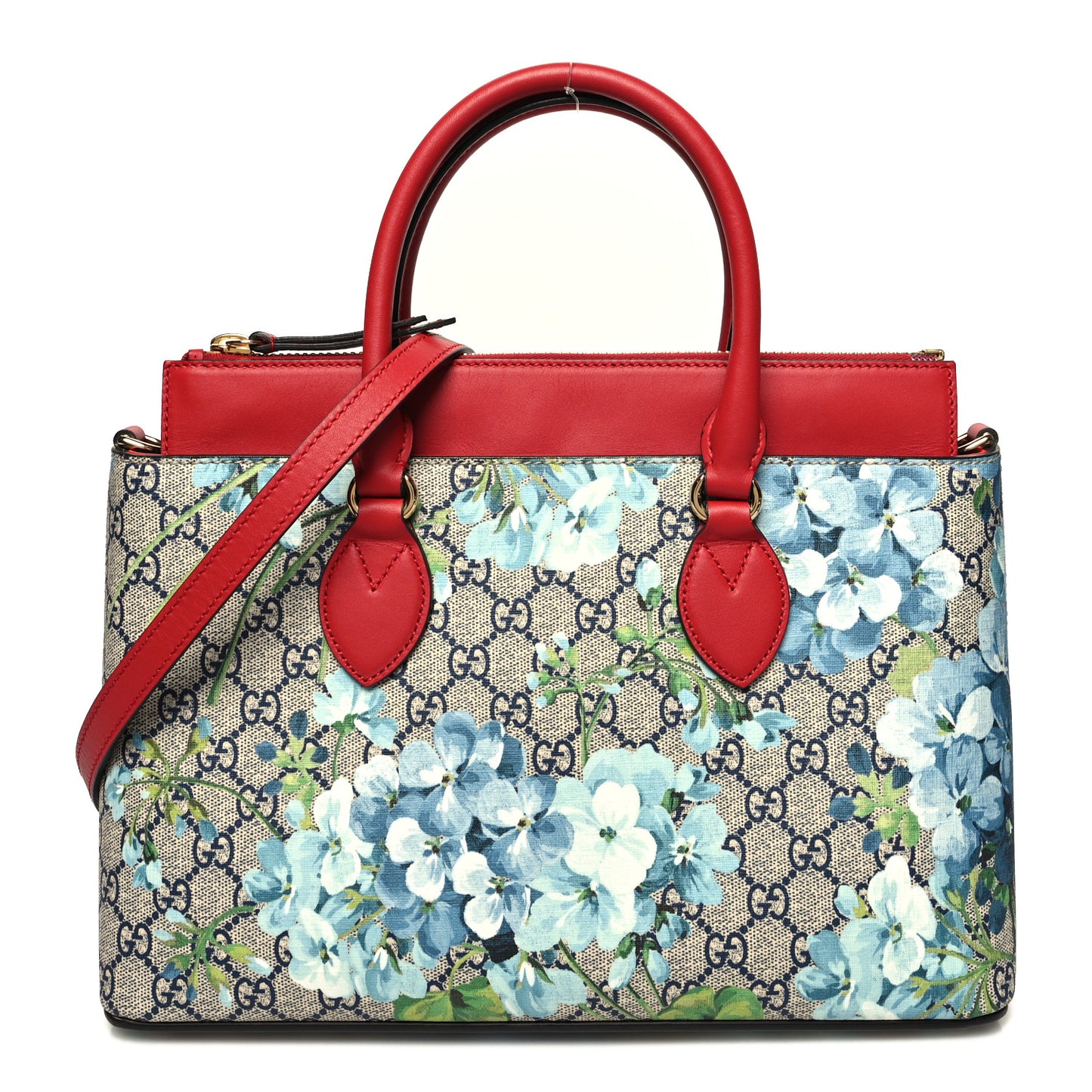 GG Supreme Monogram Blooms Medium Zip Top Tote Beige Blue Navy Hibiscus Red