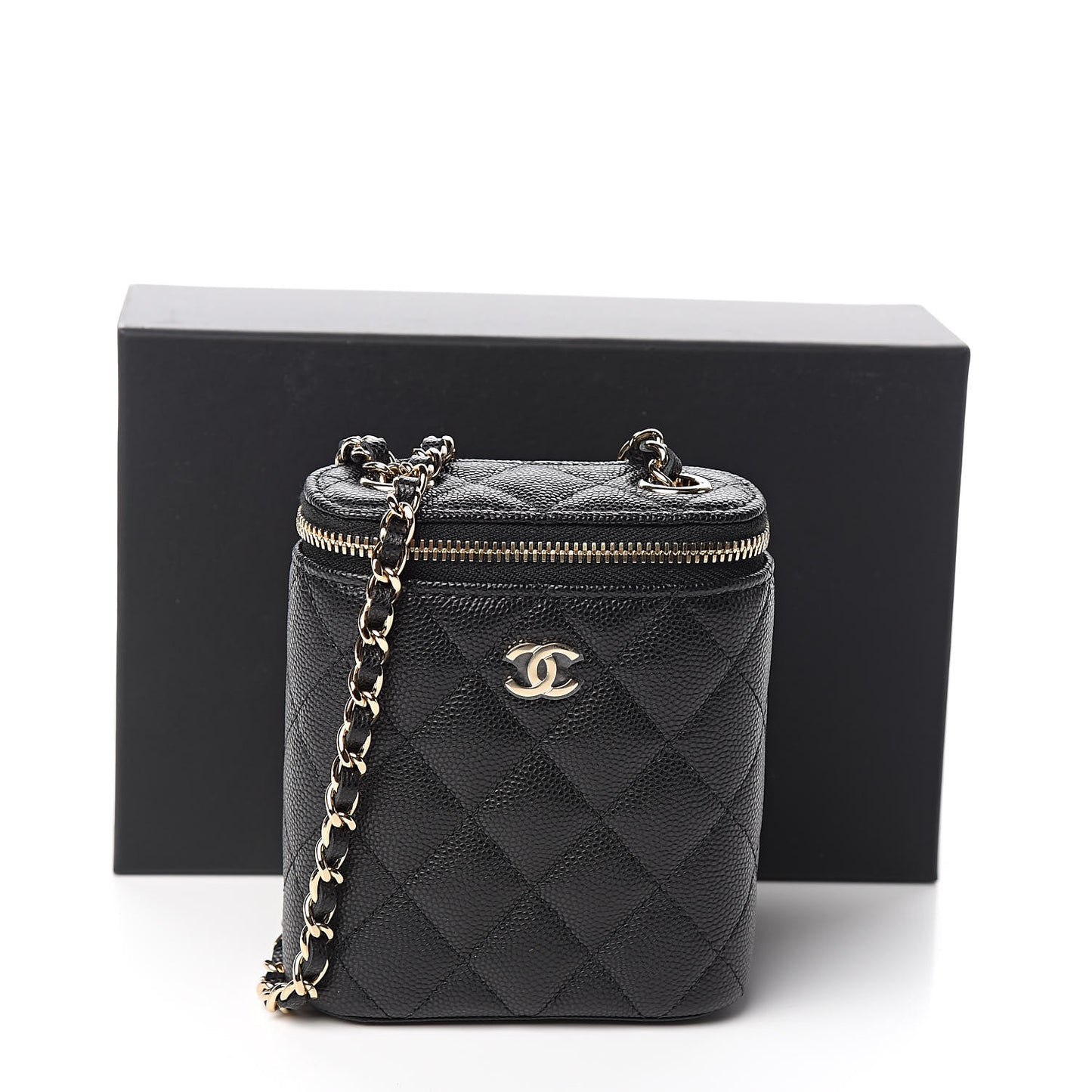 Caviar Quilted Small Vertical Coco Beauty Vanity Case With Chain Black