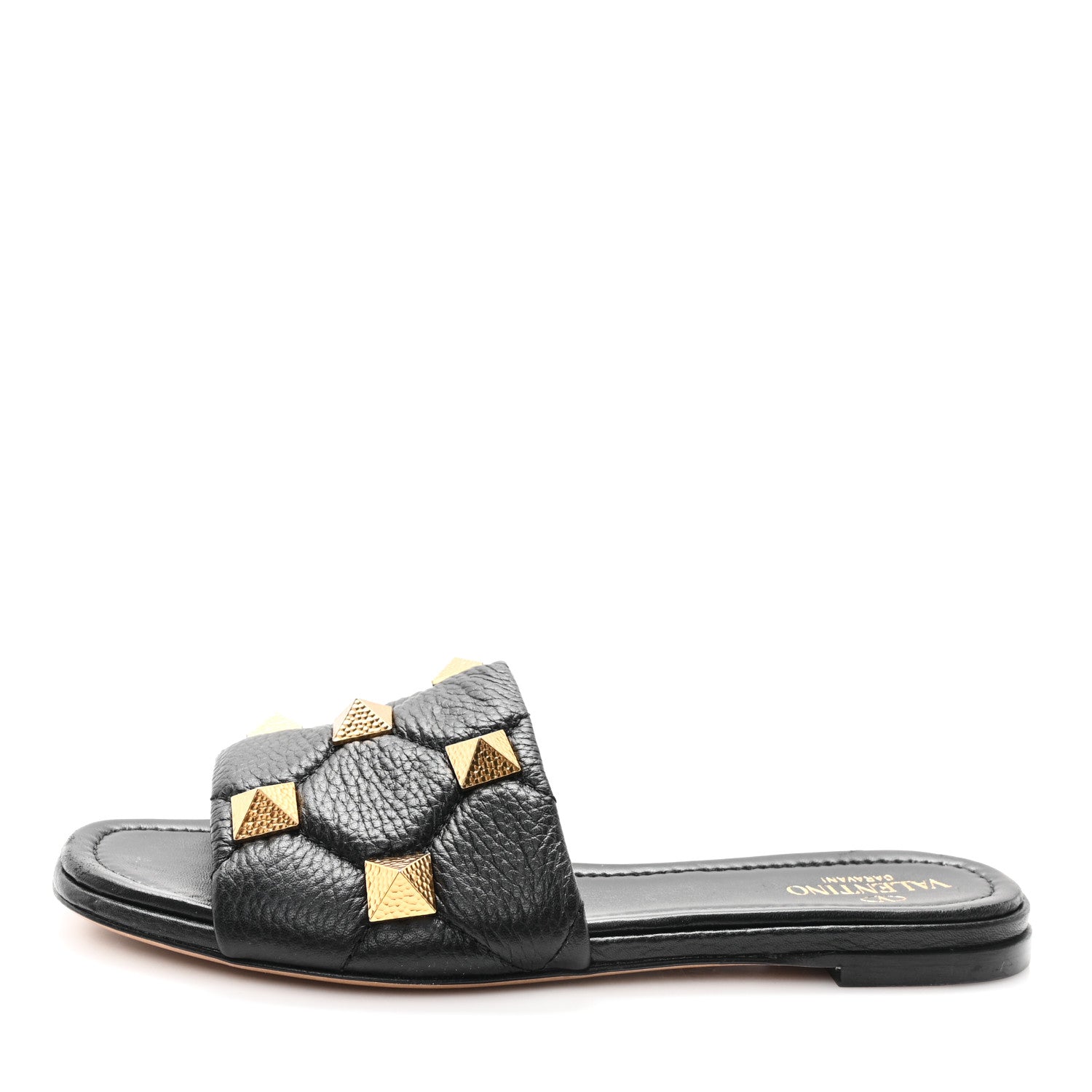Valentino Garavani Pebbled Calfskin Roman Stud Flat Slide Sandals 37.5 Black 1 of 10