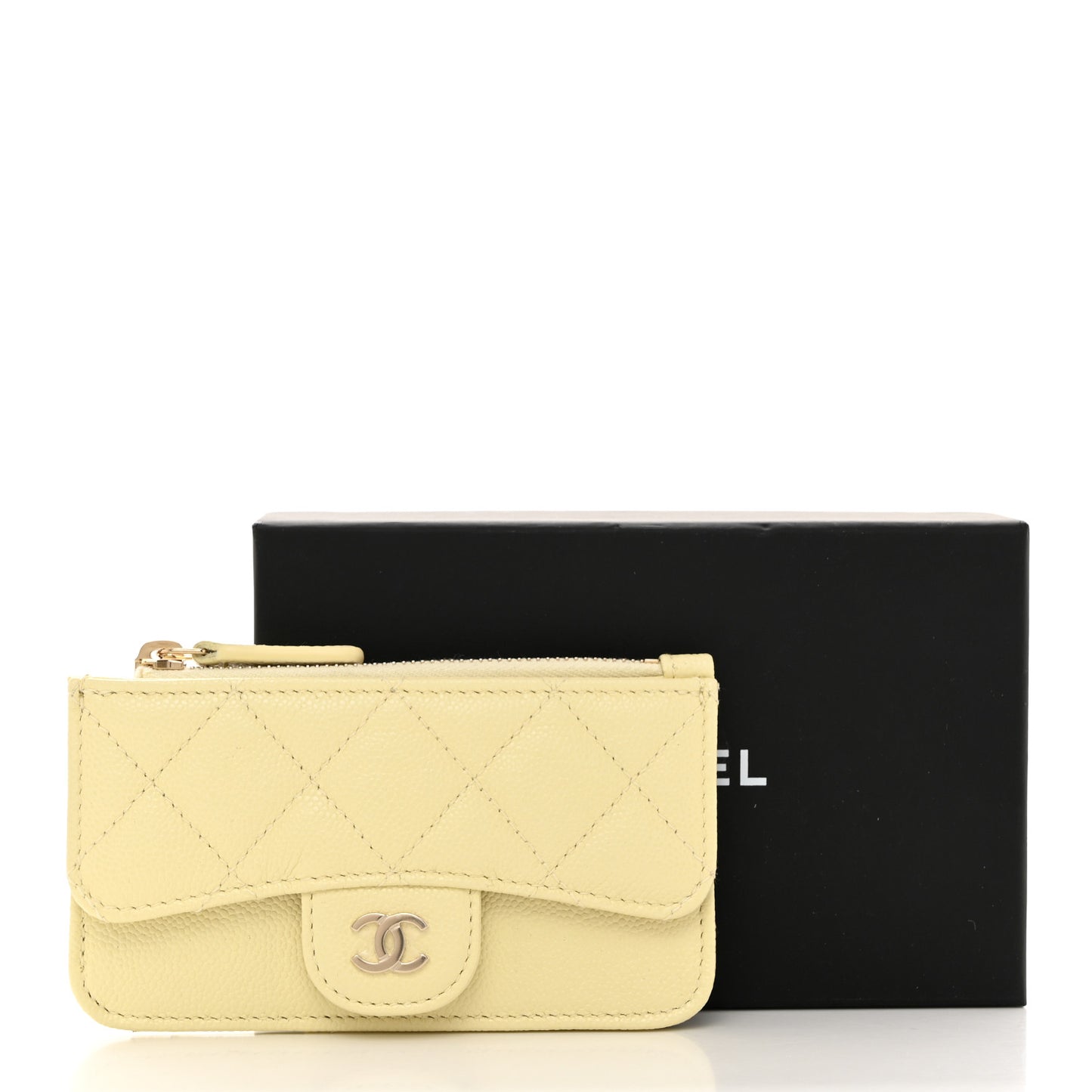 Caviar Quilted Flap Zip Card Holder Light Yellow