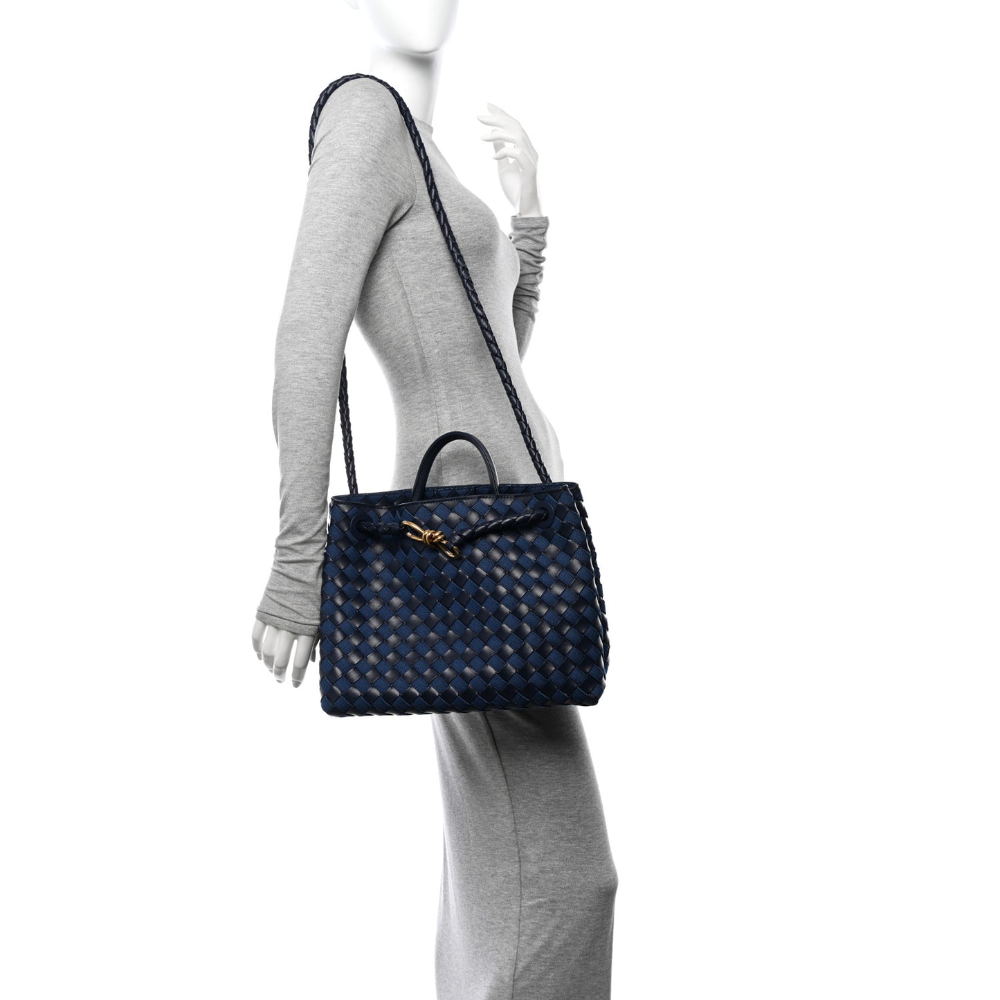 Nappa Intrecciato Denim Medium Andiamo Shoulder Bag Abyss Indigo