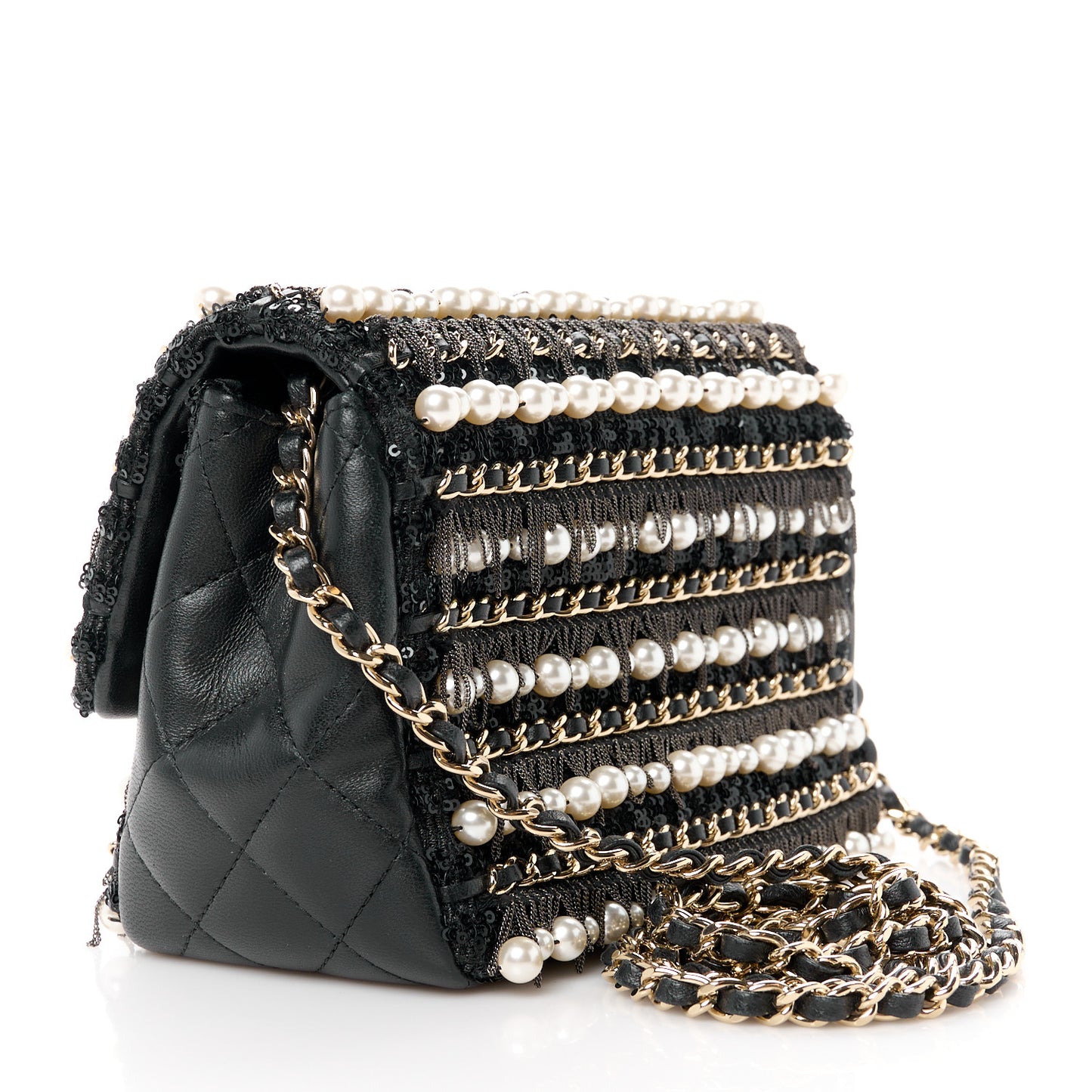 Lambskin Sequin Pearl Chain Fringe Mini Flap Black