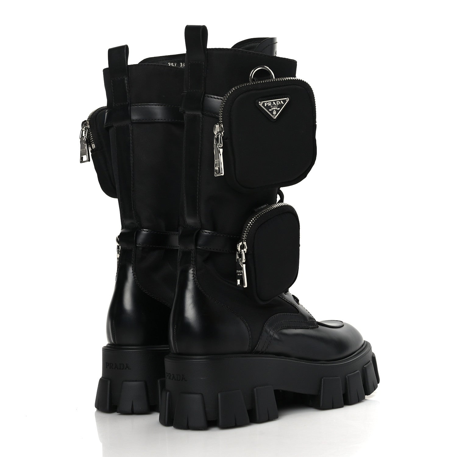 Prada Spazzolato Rois Re-Nylon Metal Triangle Logo Monolith Pouch Pocket 55mm Tall Combat Boots 39.5 Black 4 of 8