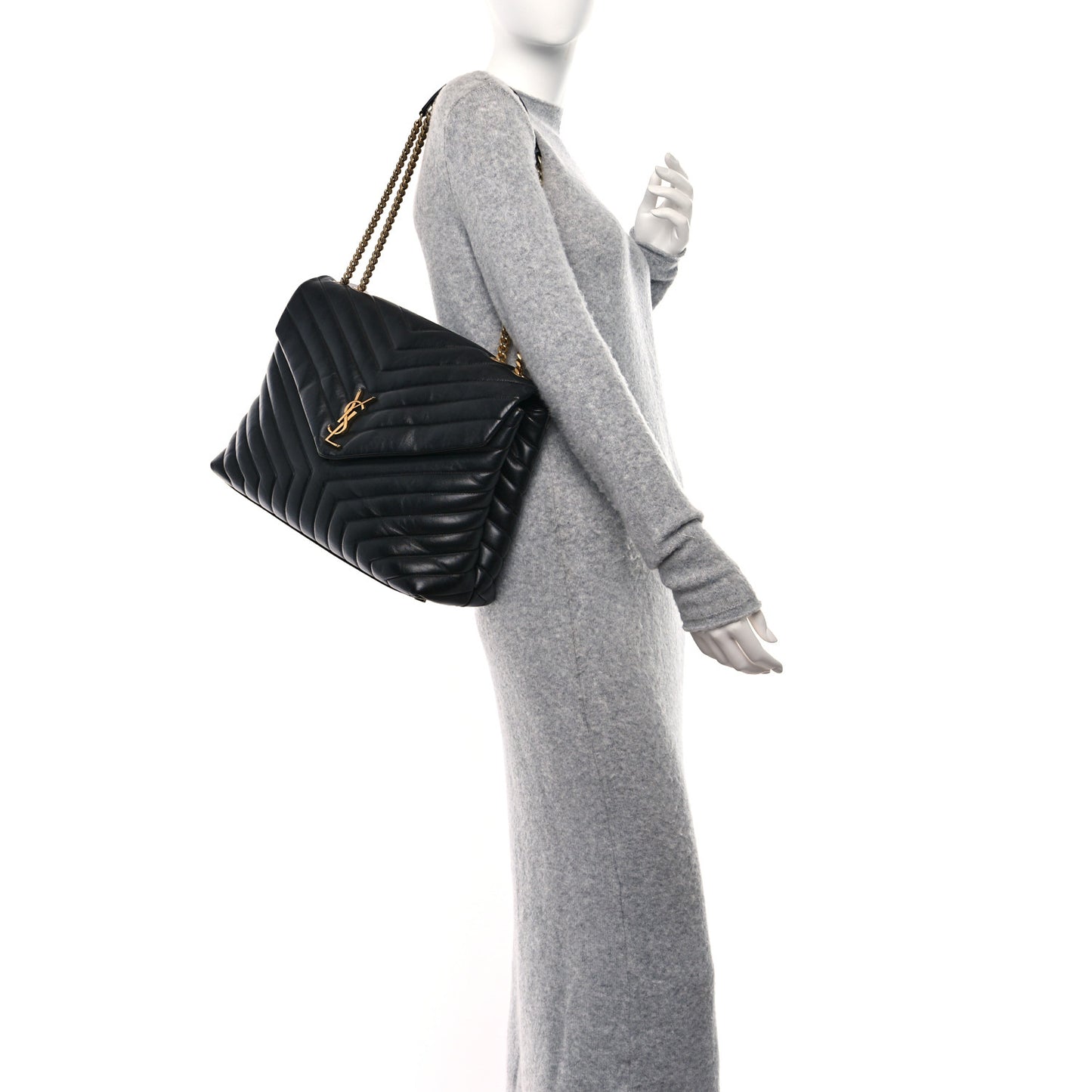 Calfskin Y Quilted Monogram Large Loulou Chain Satchel Black