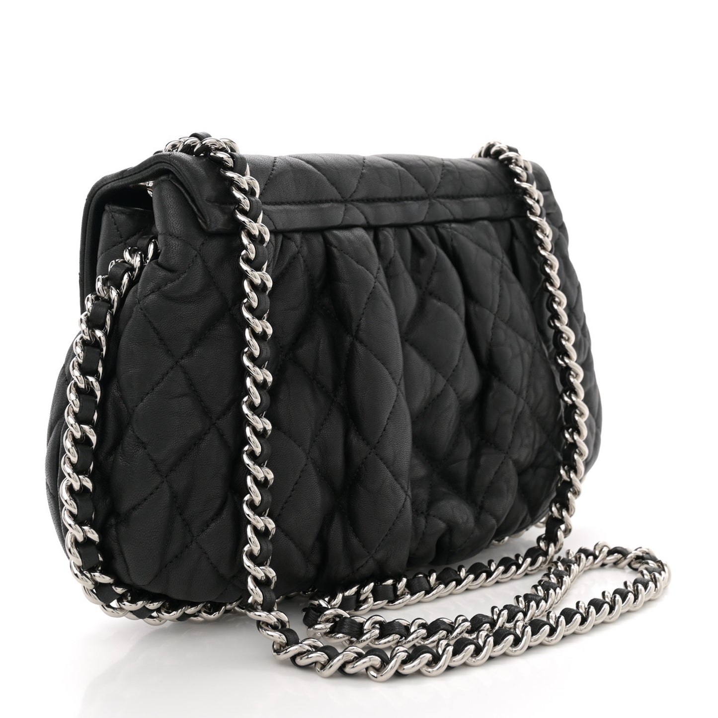 Washed Lambskin Quilted Medium Chain Around Messenger Black