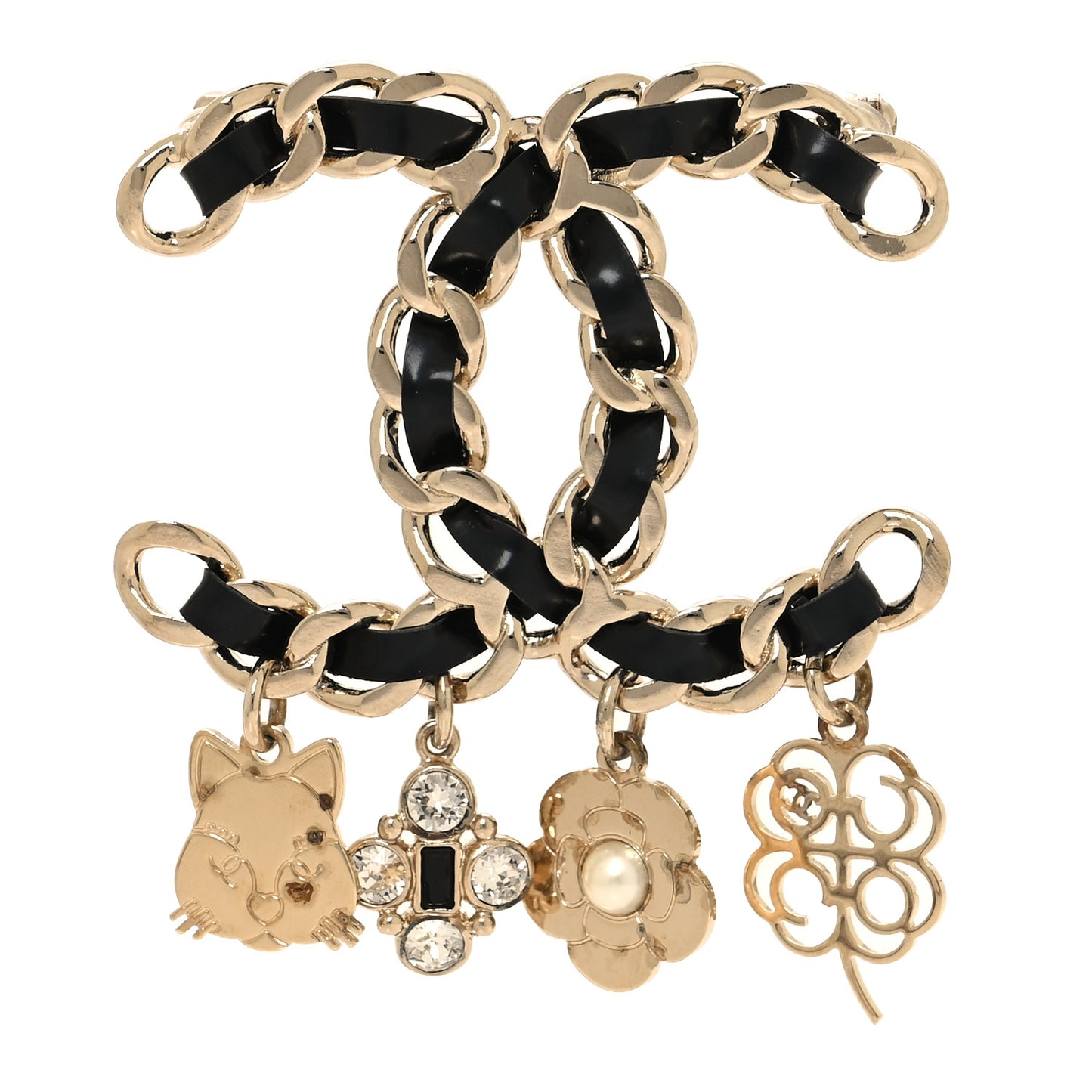 Lambskin Crystal Chain CC Charms Brooch Black Gold