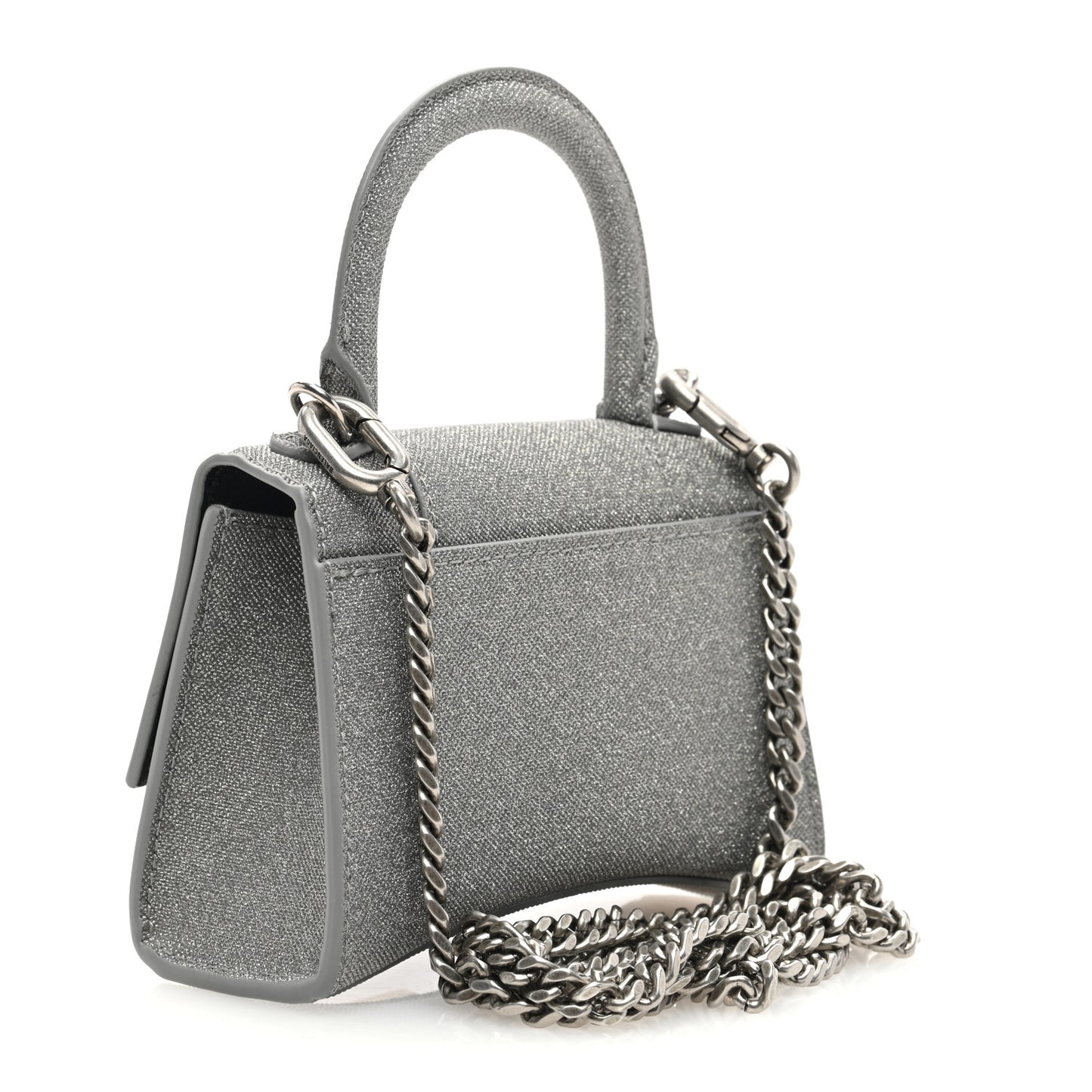 Glitter Fabric Hourglass Top Handle Bag Mini with Chain Grey