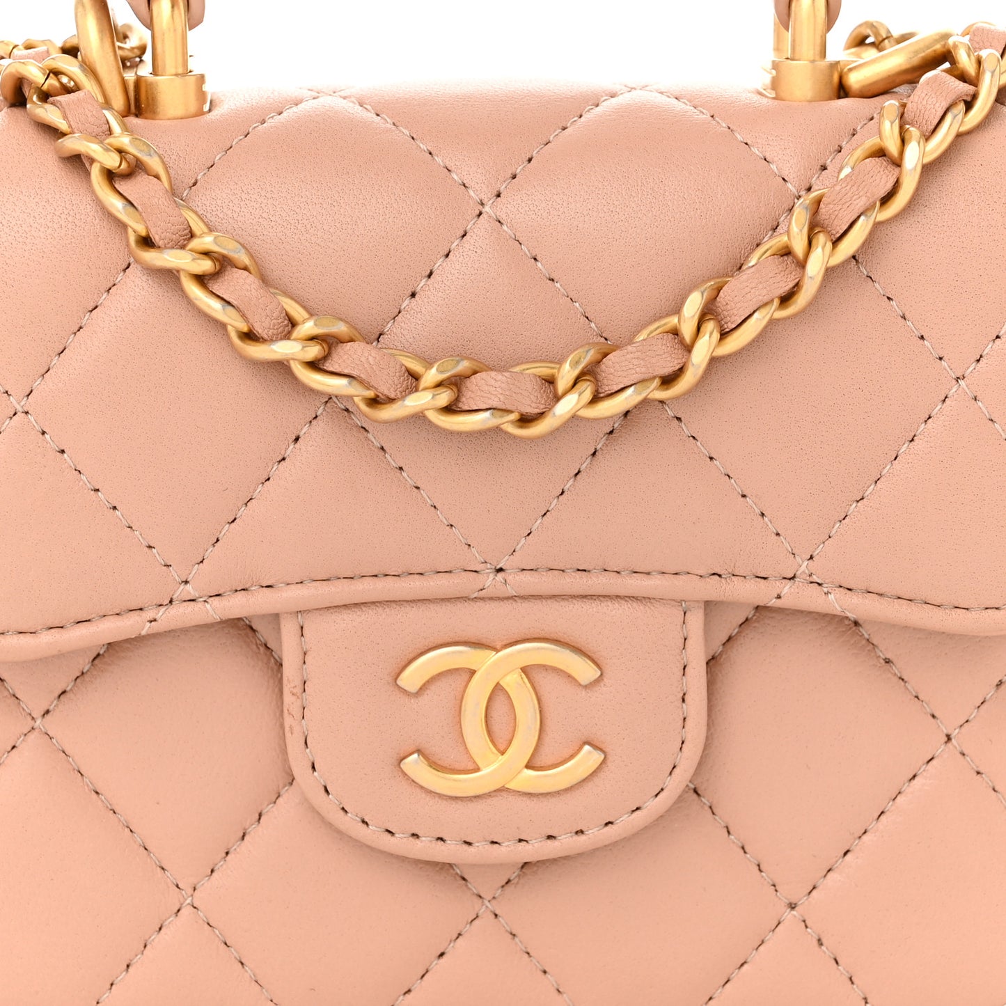 Lambskin Quilted Top Handle Flap Coin Purse With Chain Beige