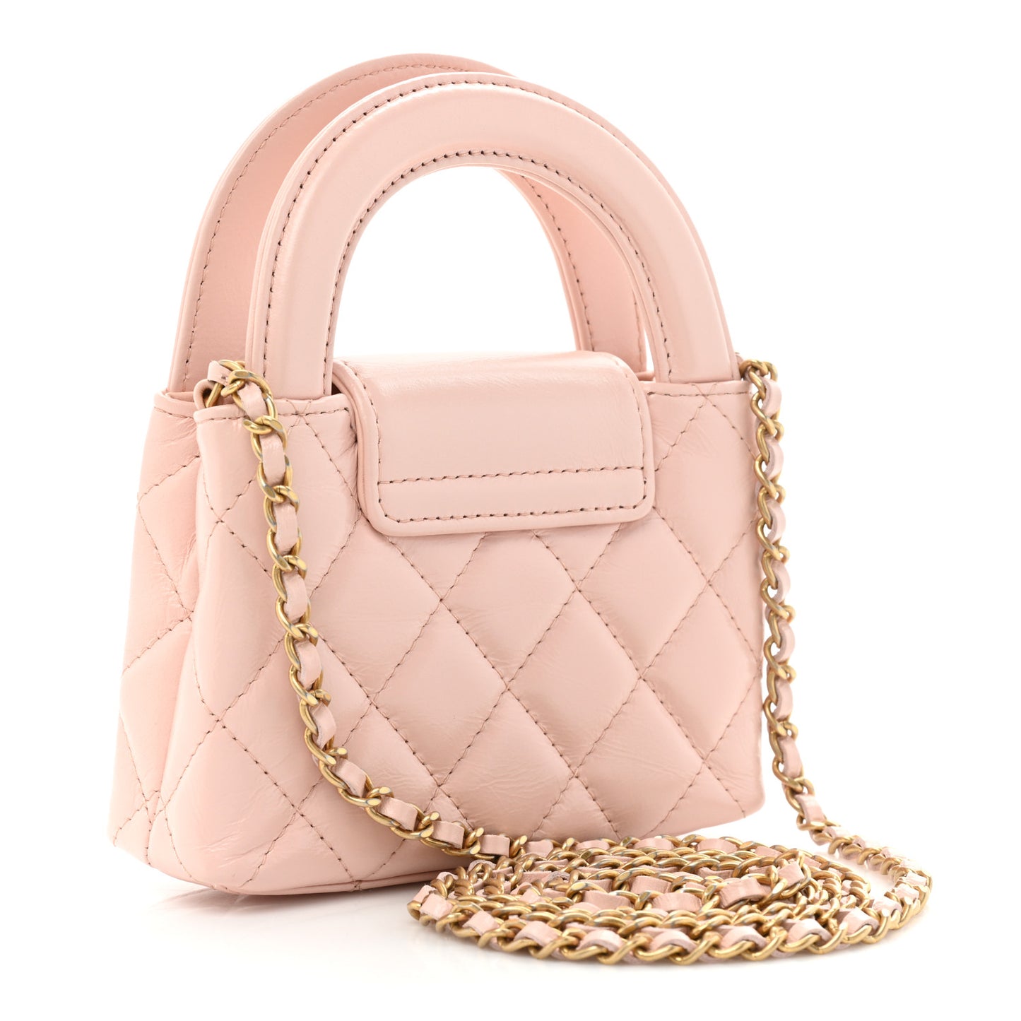 Shiny Aged Calfskin Quilted Mini Nano Kelly Shopper Light Pink