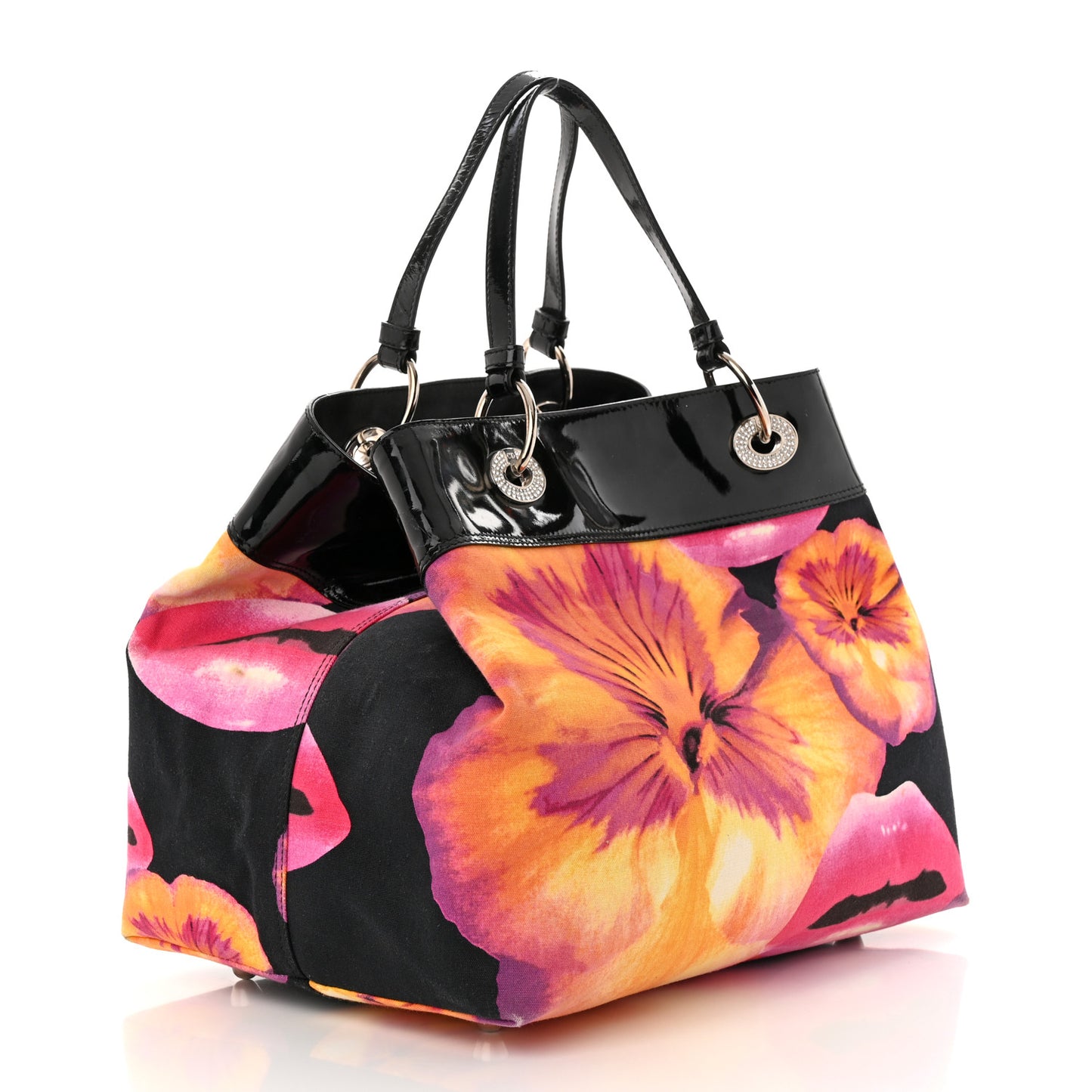 Patent Crystal Embellished Canvas Lips Print Tote Black Multicolor