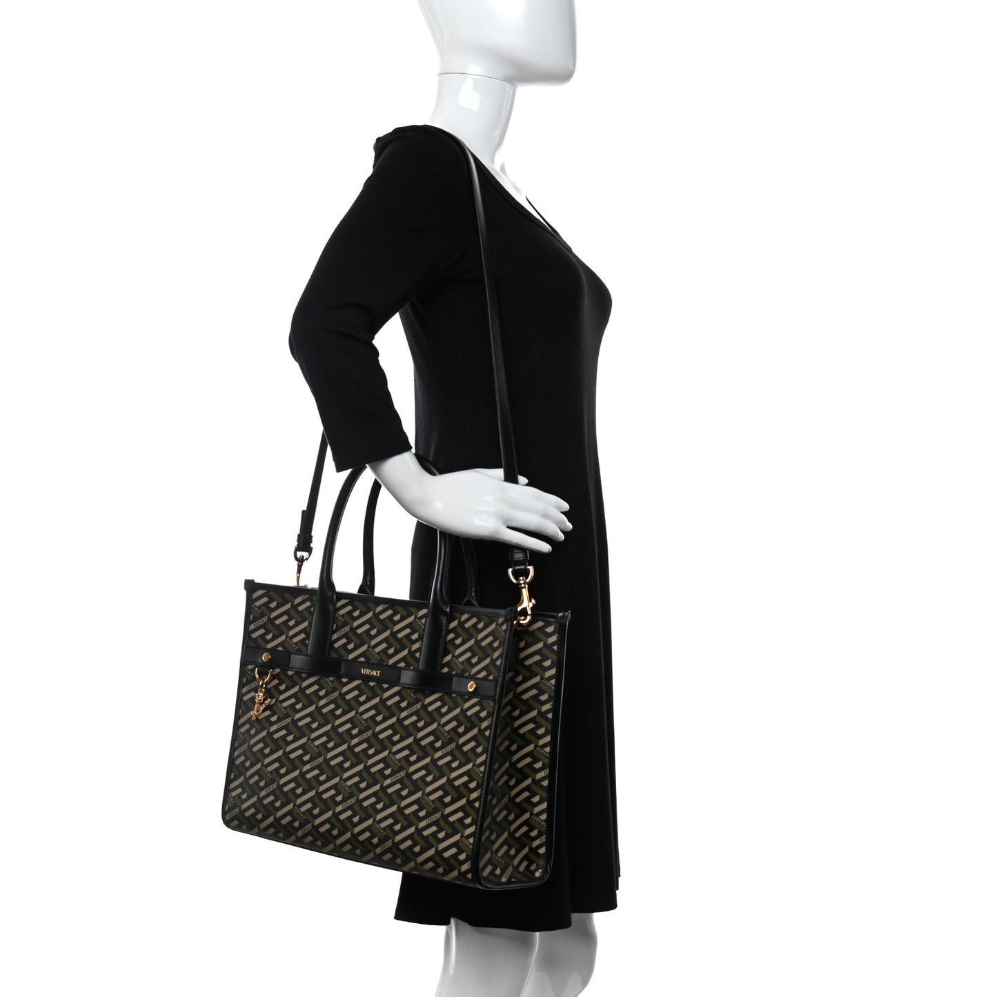 Coated Canvas Calfskin La Greca Signature Tote Bag Black Khaki