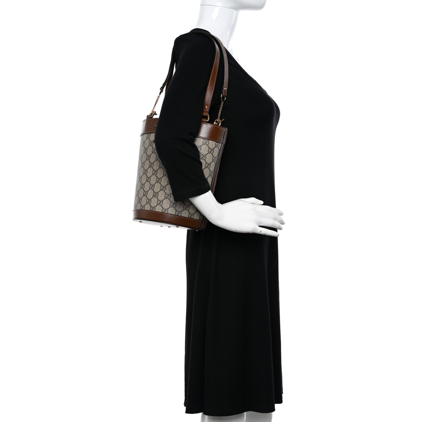 GG Supreme Monogram Azalea Sakai Calfskin Small Horsebit 1955 Drawstring Bucket Bag Beige Ebony Brown Sugar