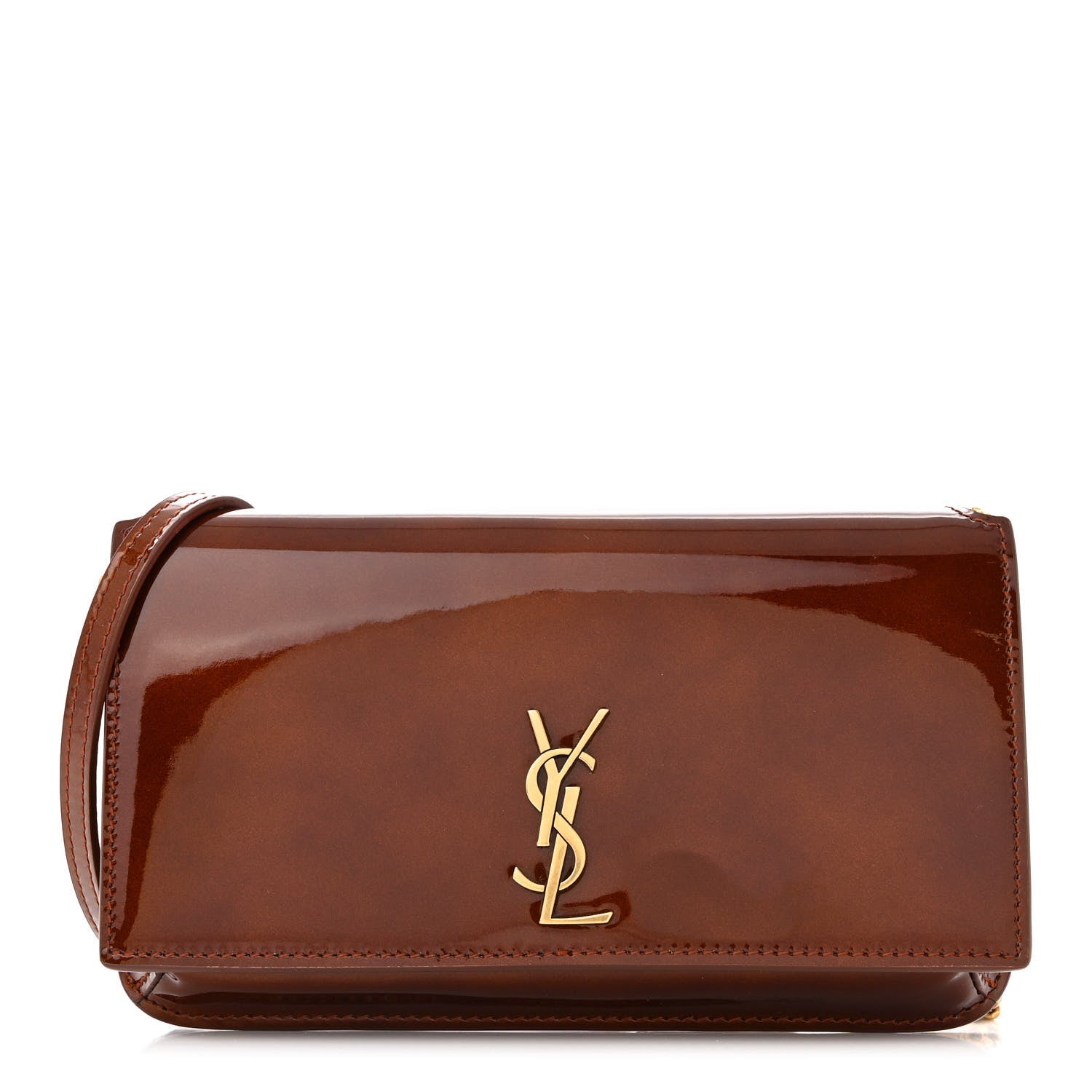 Saint Laurent Patent Monogram Phone Holder Crossbody Chataigne