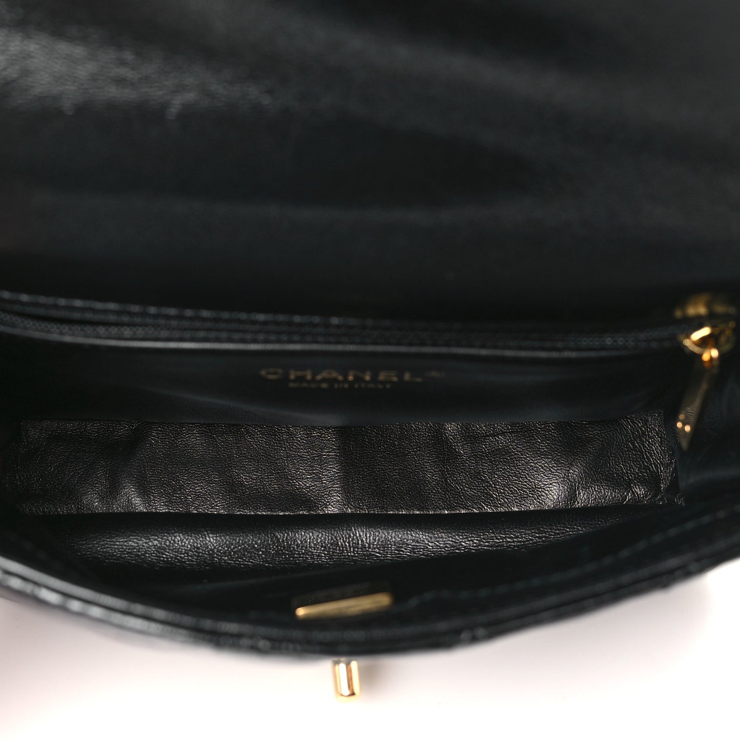 Shiny Lambskin Quilted Golden Links Top Handle Flap Black