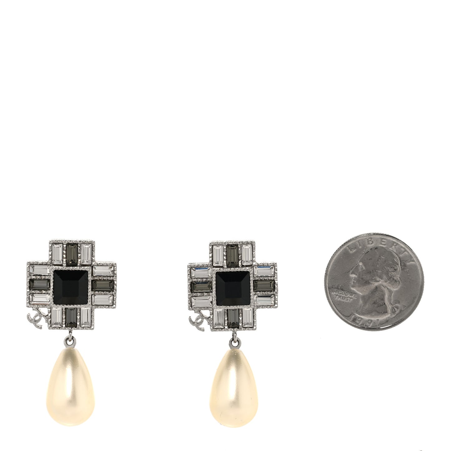 Crystal Baguette Pearl Cross Drop Earrings Grey Black Silver