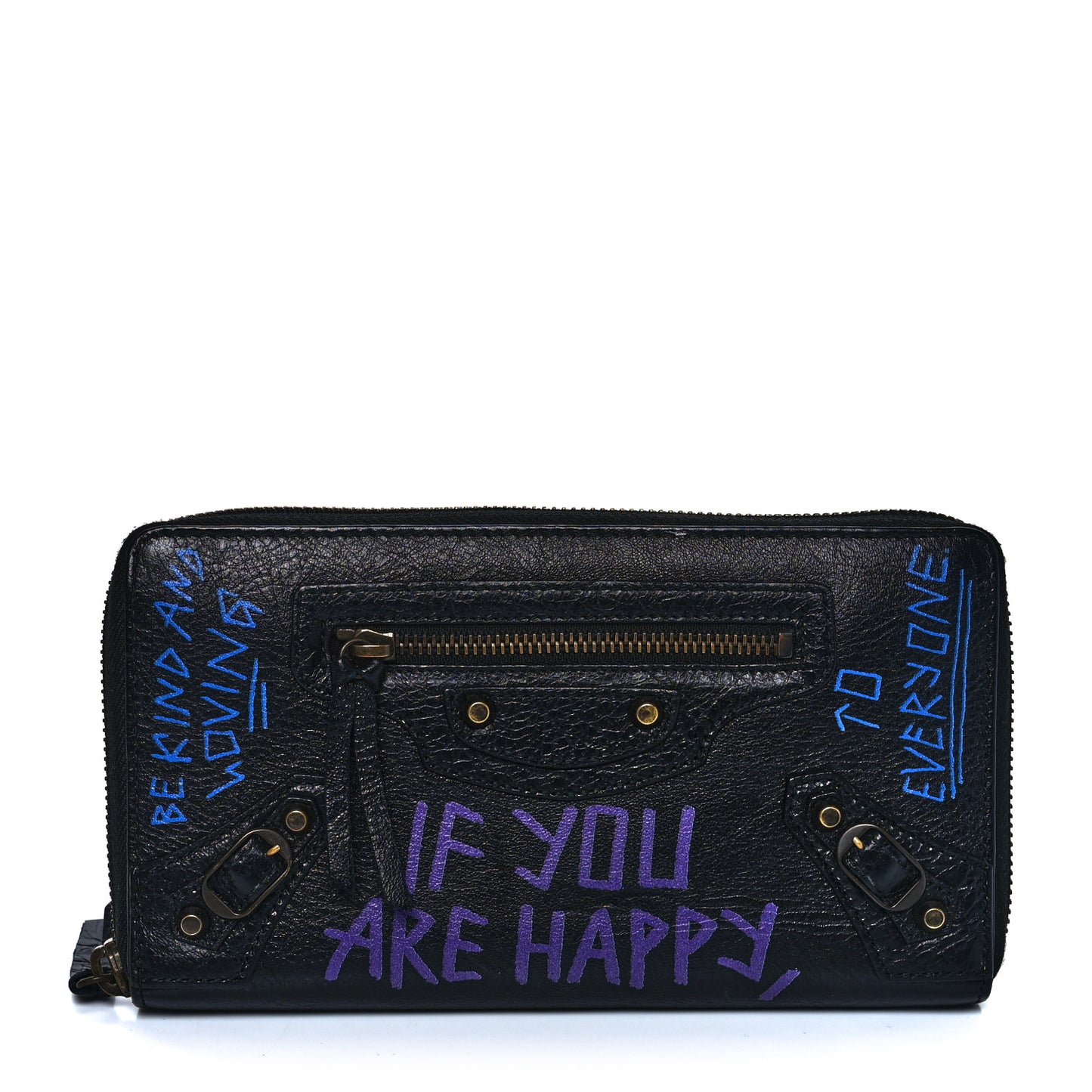 Agneau Arena Graffiti All Over Classic Hardware Continental Zip Around Wallet Black Bleu Violet