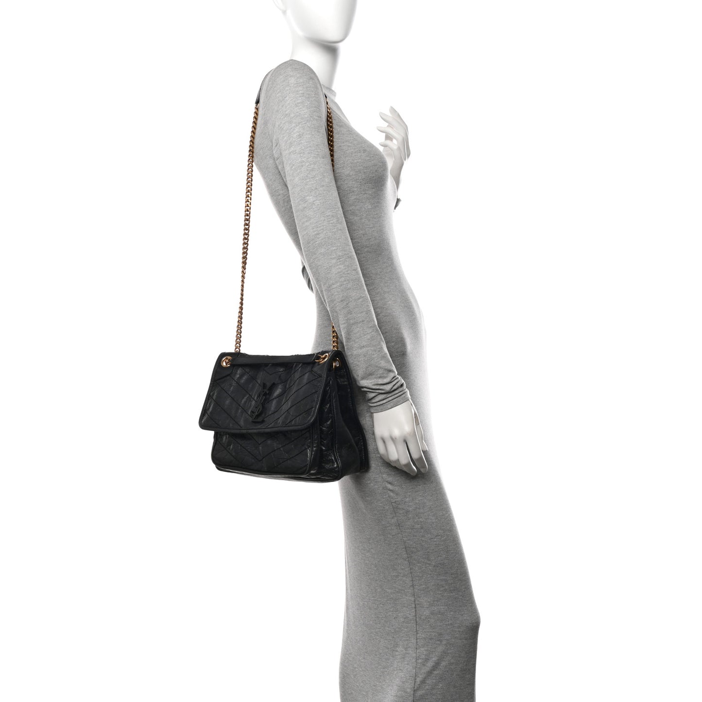 Crinkled Calfskin Matelasse Monogram Medium Niki Chain Satchel Black
