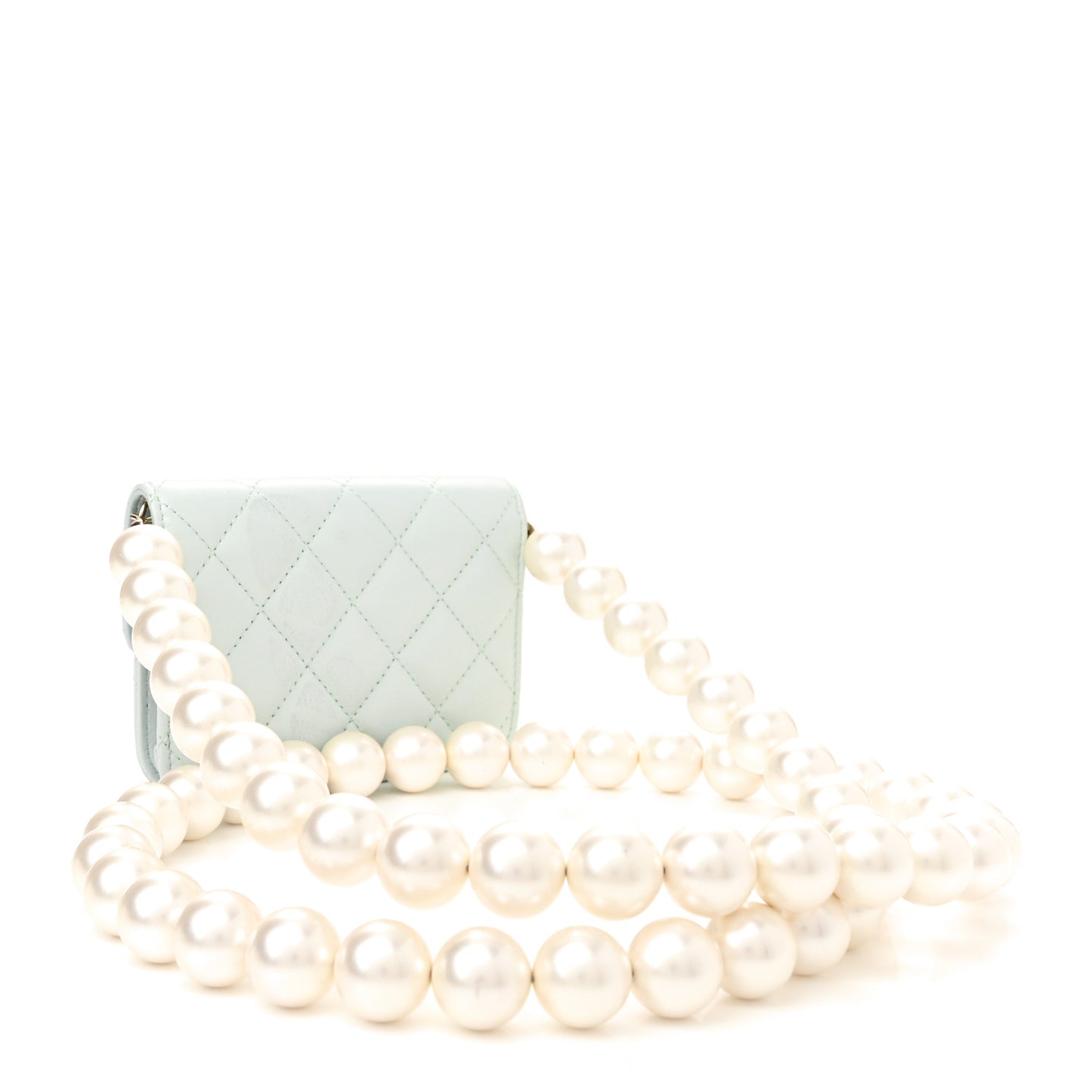 Calfskin Quilted Maxi Pearls Card Holder Flap With Chain Light Blue