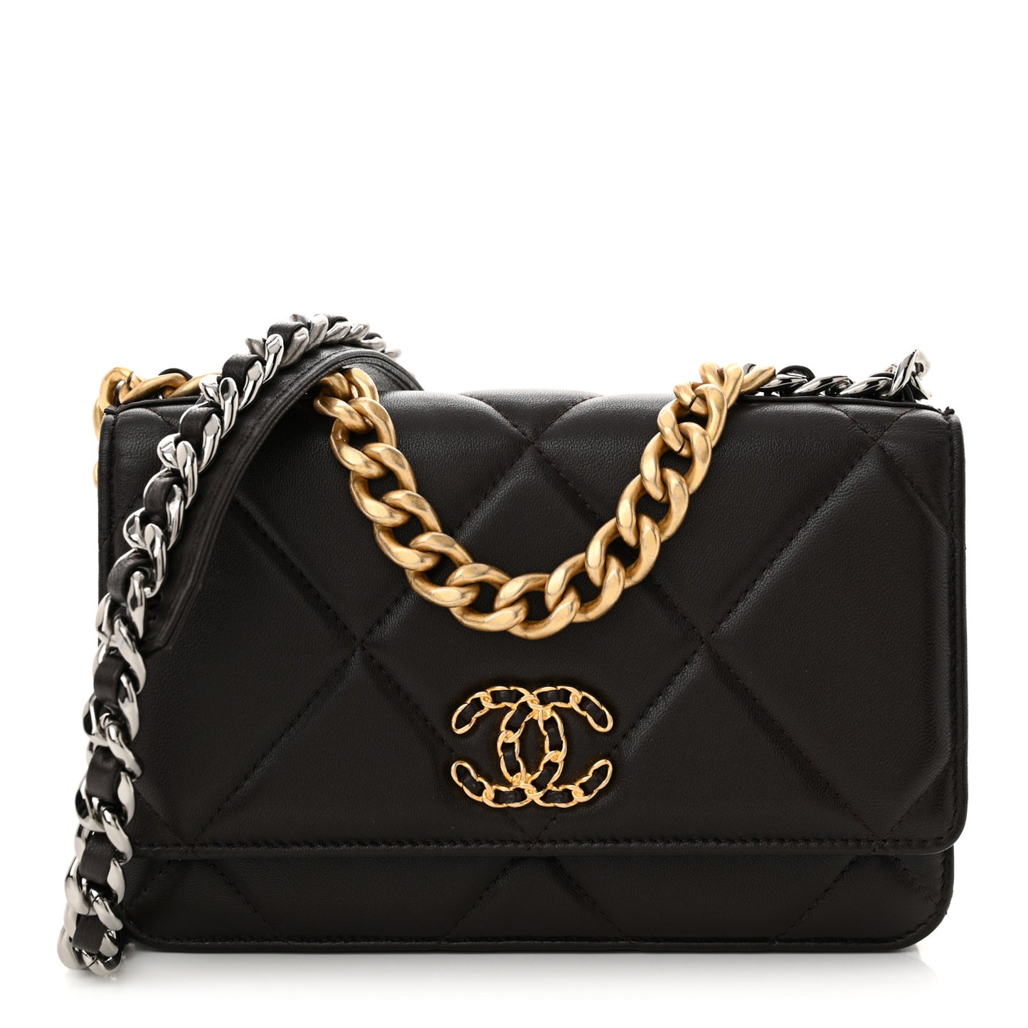 Lambskin Quilted Chanel 19 Wallet On Chain WOC Dark Brown