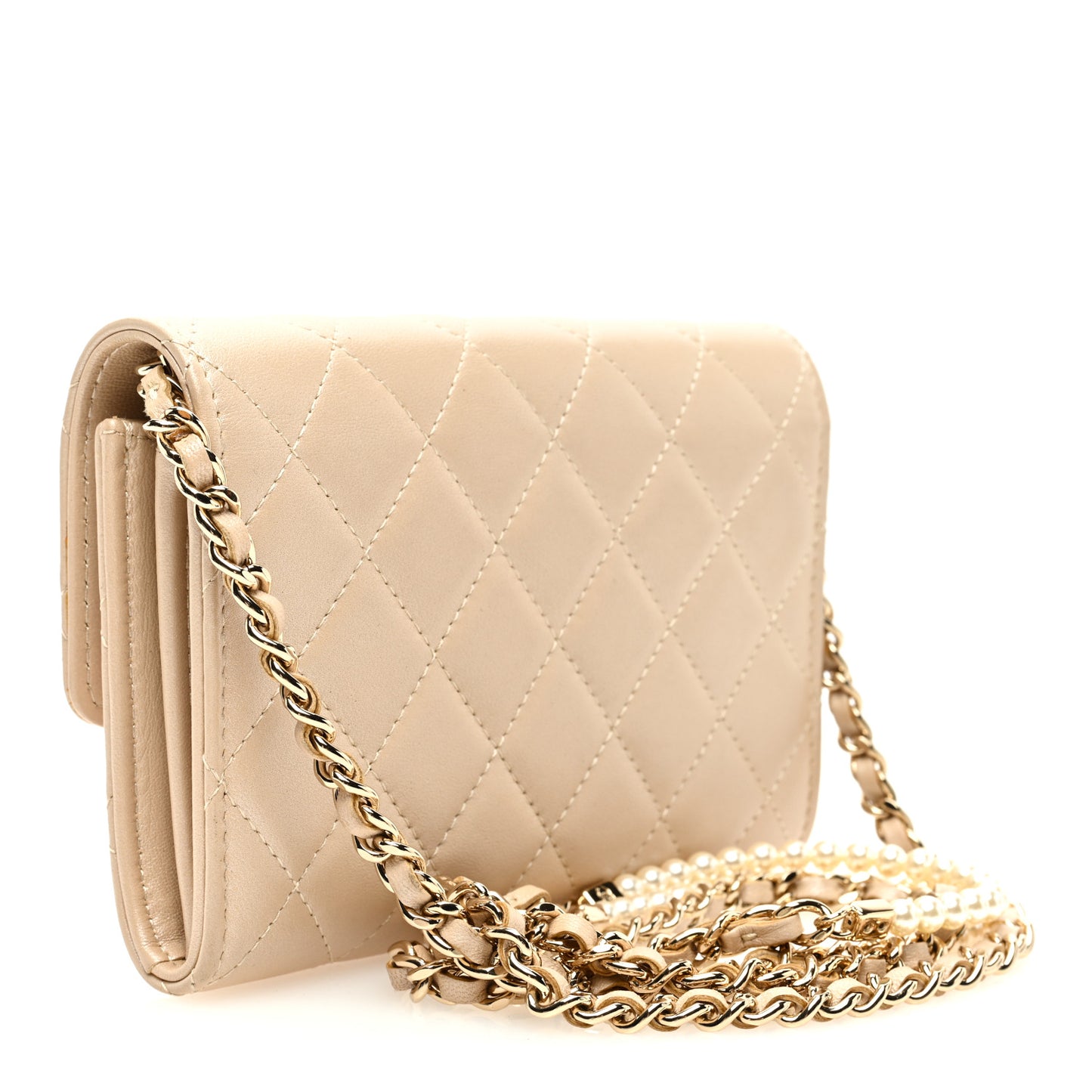 Lambskin Quilted Pearl My Shoulder Mini French Wallet On Chain WOC Light Beige