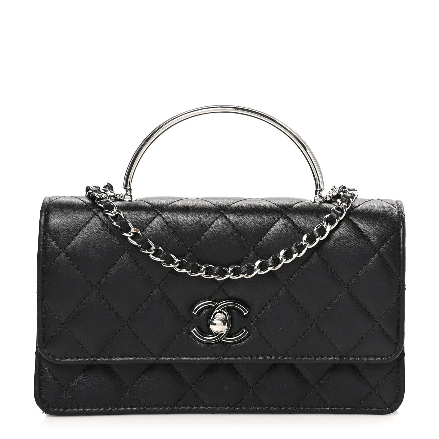Lambskin Quilted Metal Top Handle Crossbody Flap Black