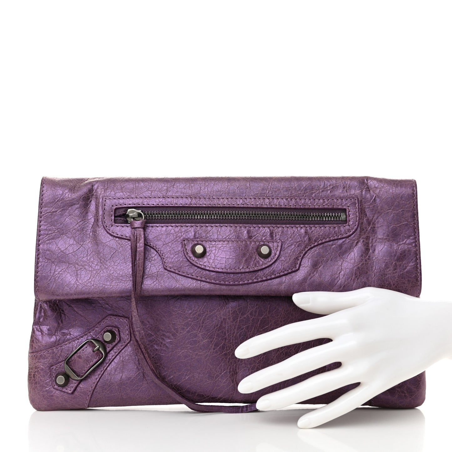 Agneau Classic Hardware Envelope Clutch Metallic Purple