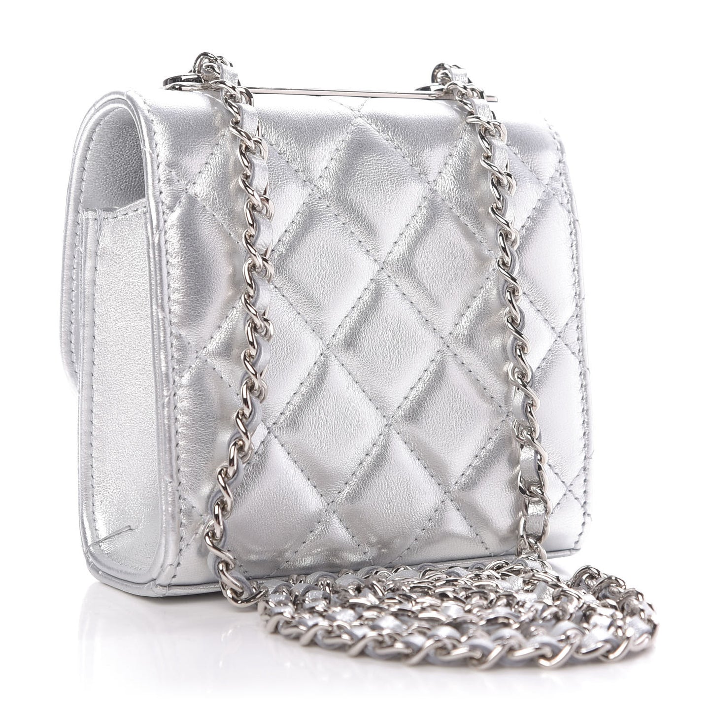 Metallic Lambskin Quilted Mini Trendy CC Clutch With Chain Silver