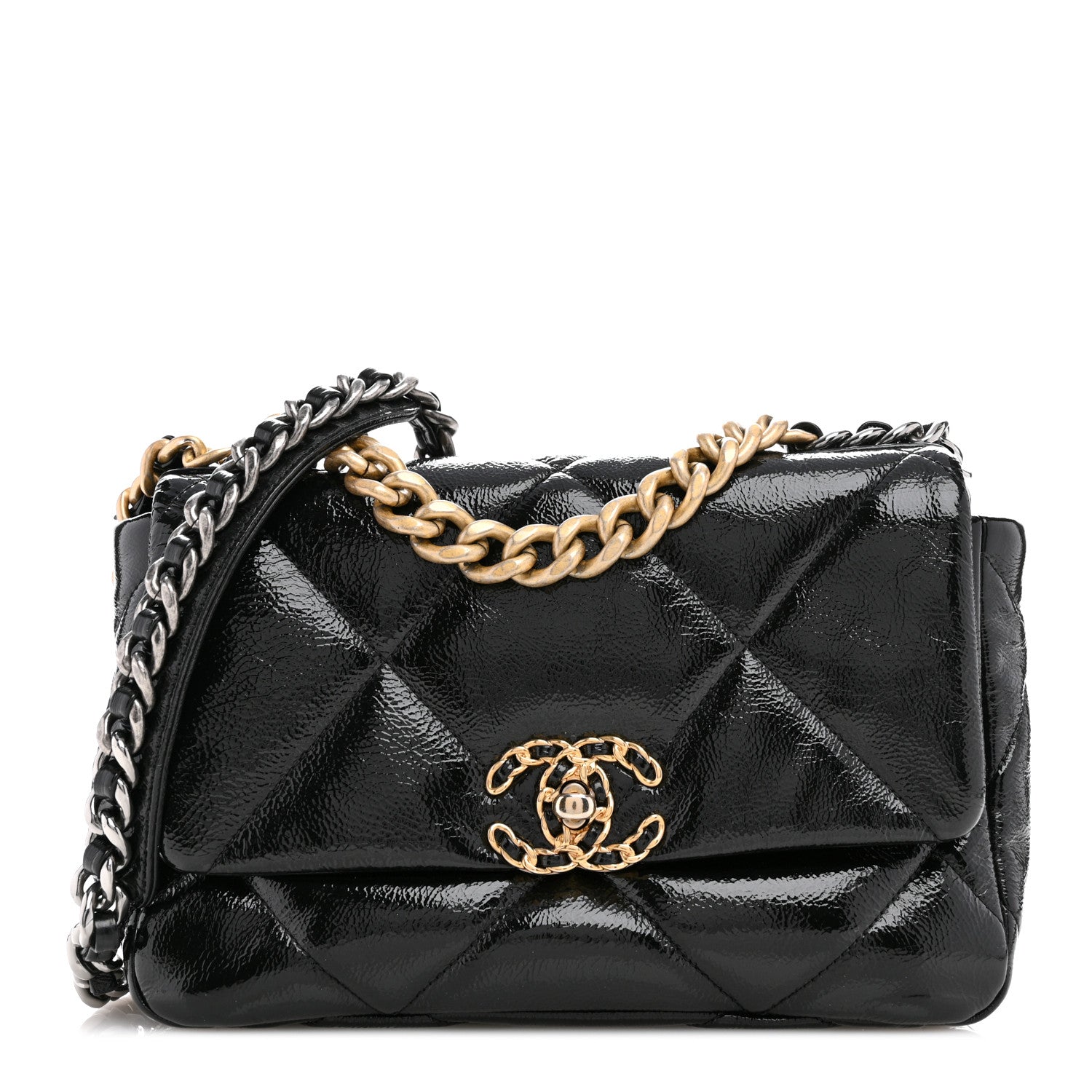Chanel Shiny Crumpled Calfskin Quilted Medium Chanel 19 Flap Black