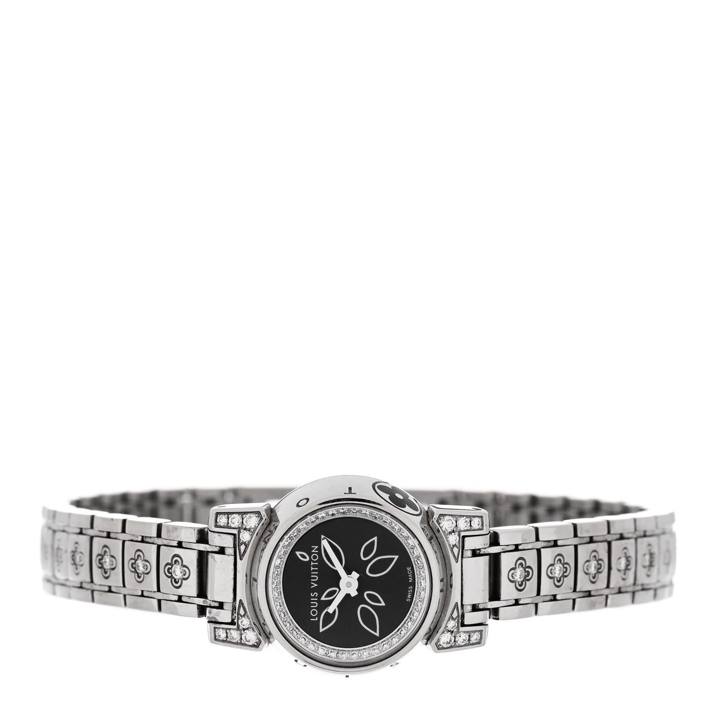 Stainless Steel Diamond Bezel 18mm Tambour Bijou Petale Quartz Watch Black