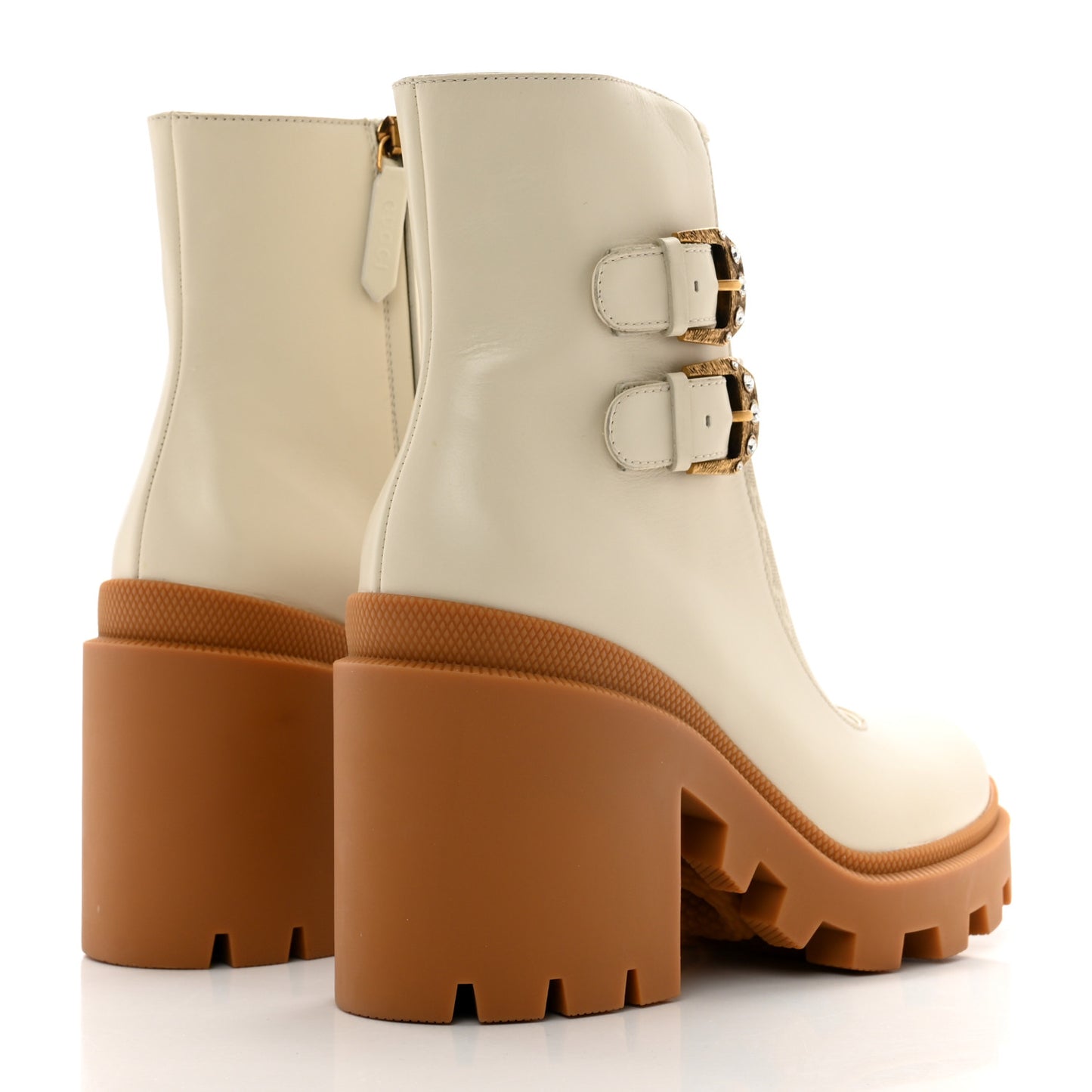 Kensington Calfskin Nappa GG Supreme Monogram Womens Double Buckle Ankle Boots 39 Mystic White Beige