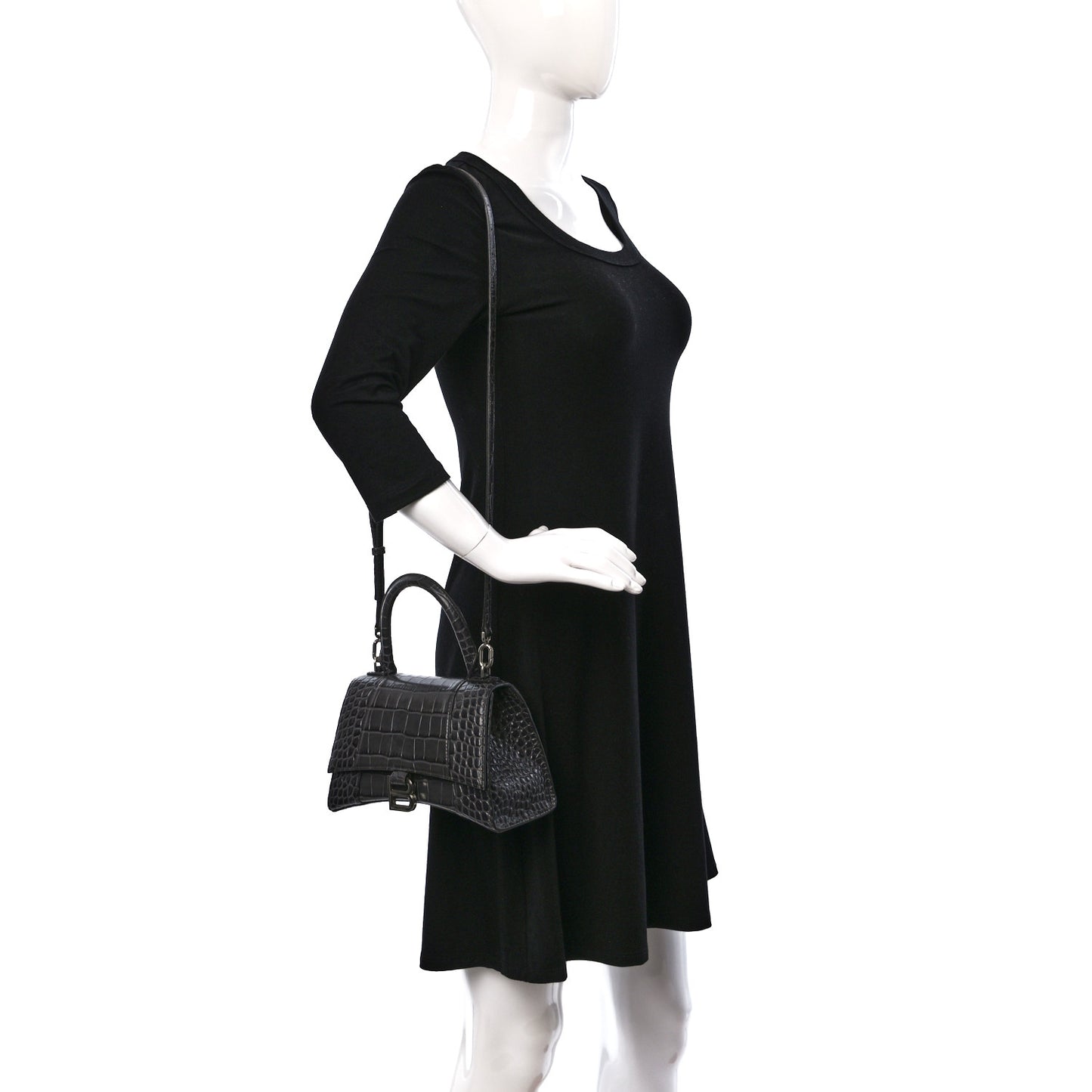 Shiny Calfskin Crocodile Embossed Small Hourglass Top Handle Bag Dark Grey