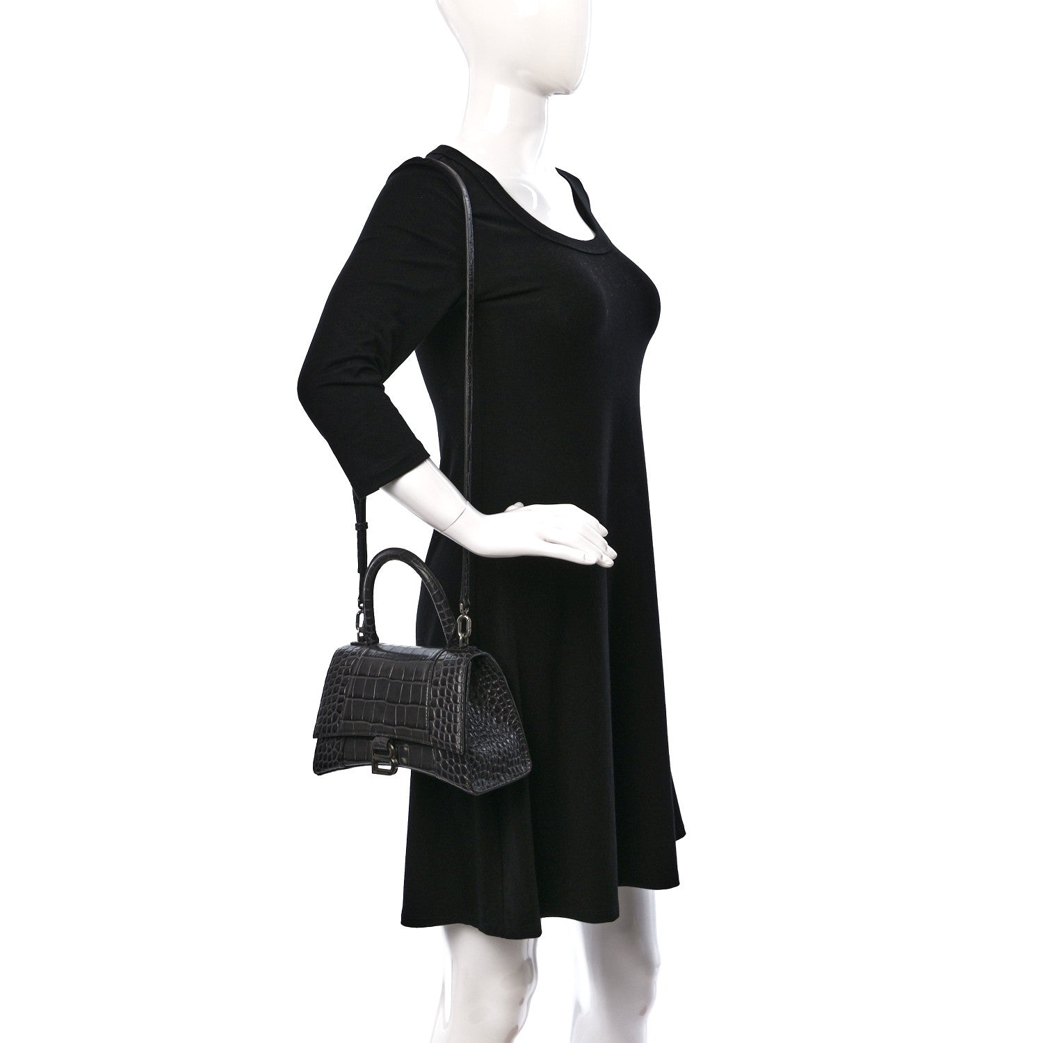 Balenciaga Shiny Calfskin Crocodile Embossed Small Hourglass Top Handle Bag Dark Grey 2 of 19