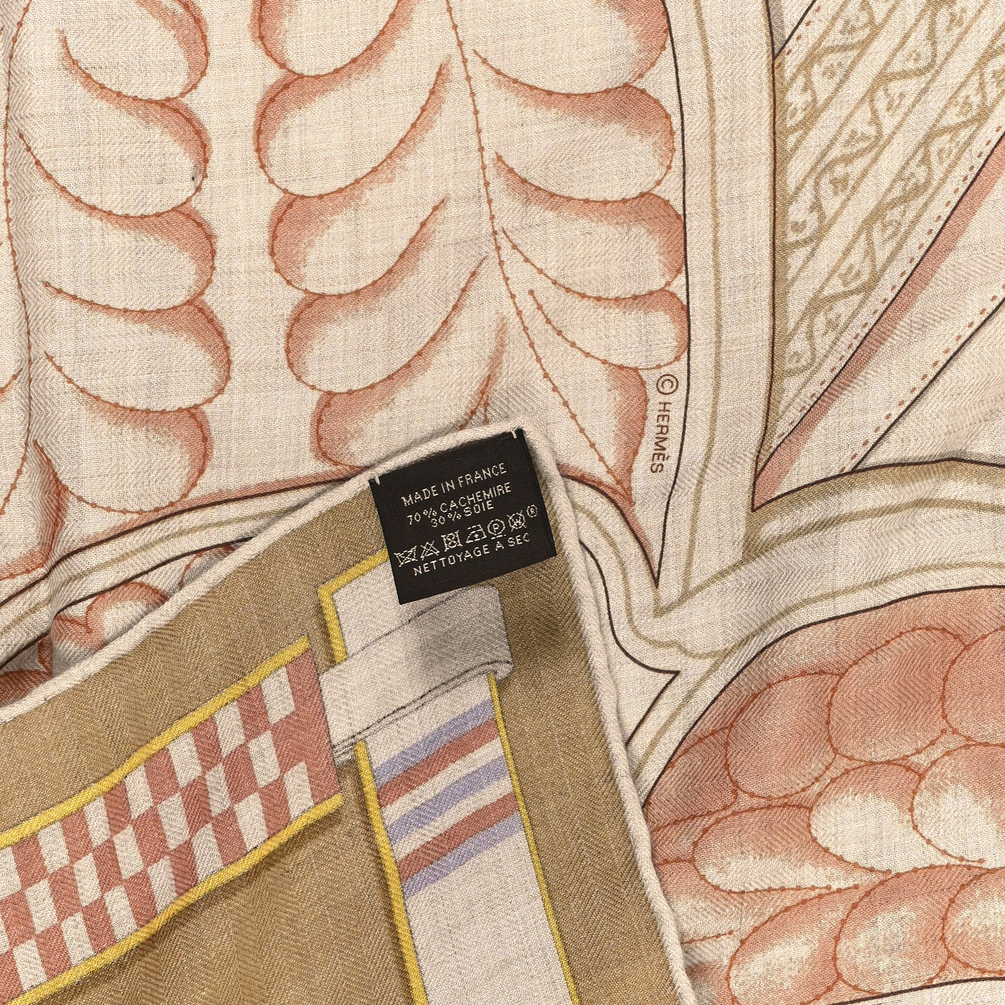 Cashmere Silk Lettres Equestres Shawl 140 Naturel Beige Rose Poudre