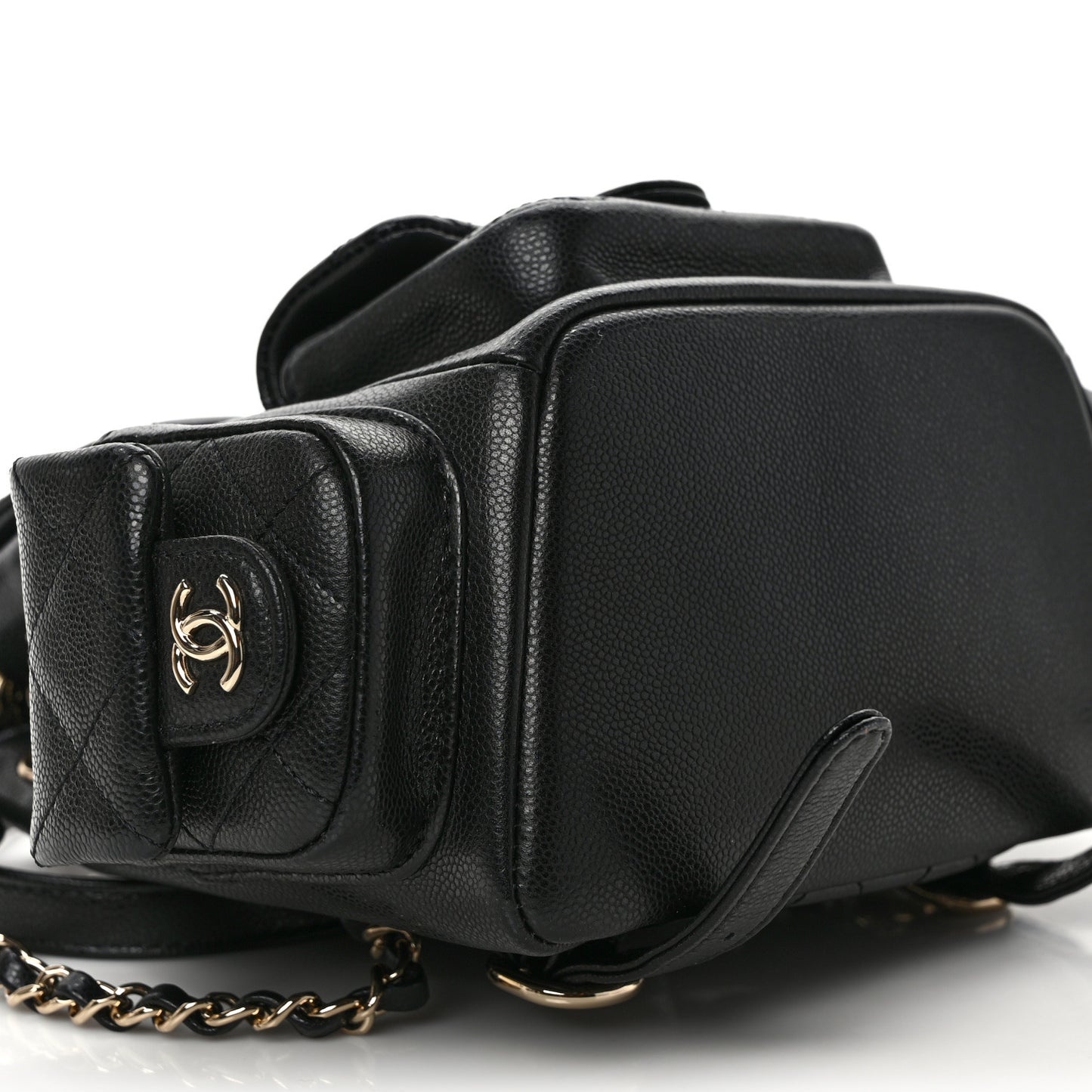 Shiny Caviar Quilted Small Pockets Drawstring Backpack Black