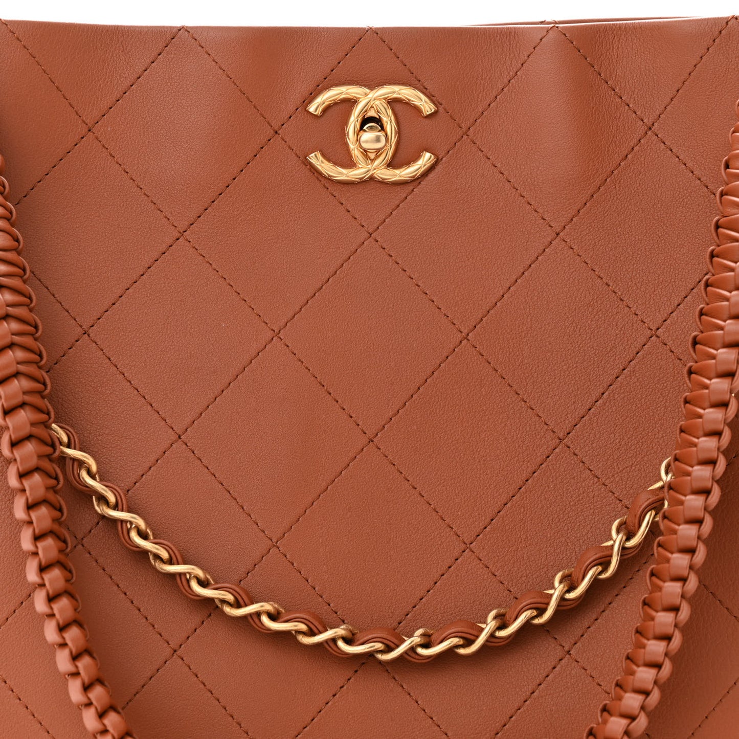 Calfskin Quilted Braided Handle Chain Hobo Brown