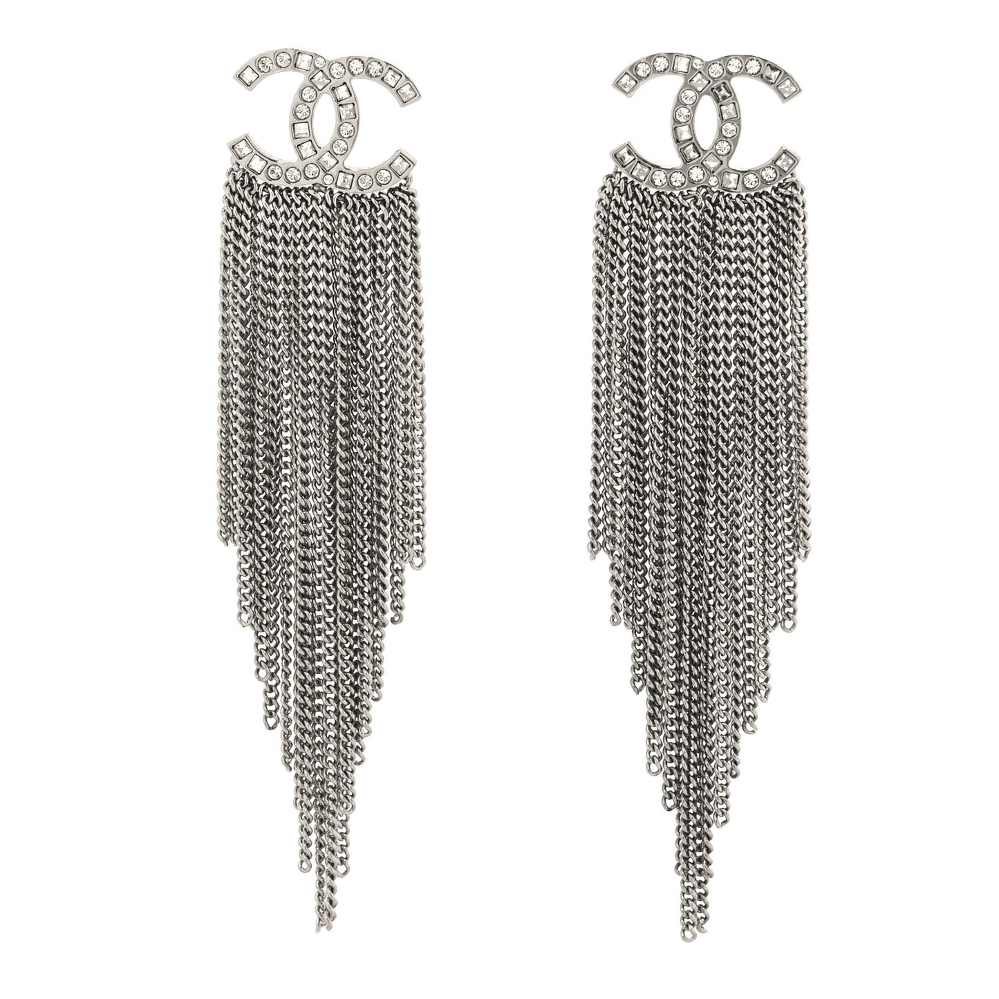 Baguette Crystal CC Chain Drop Earrings Silver