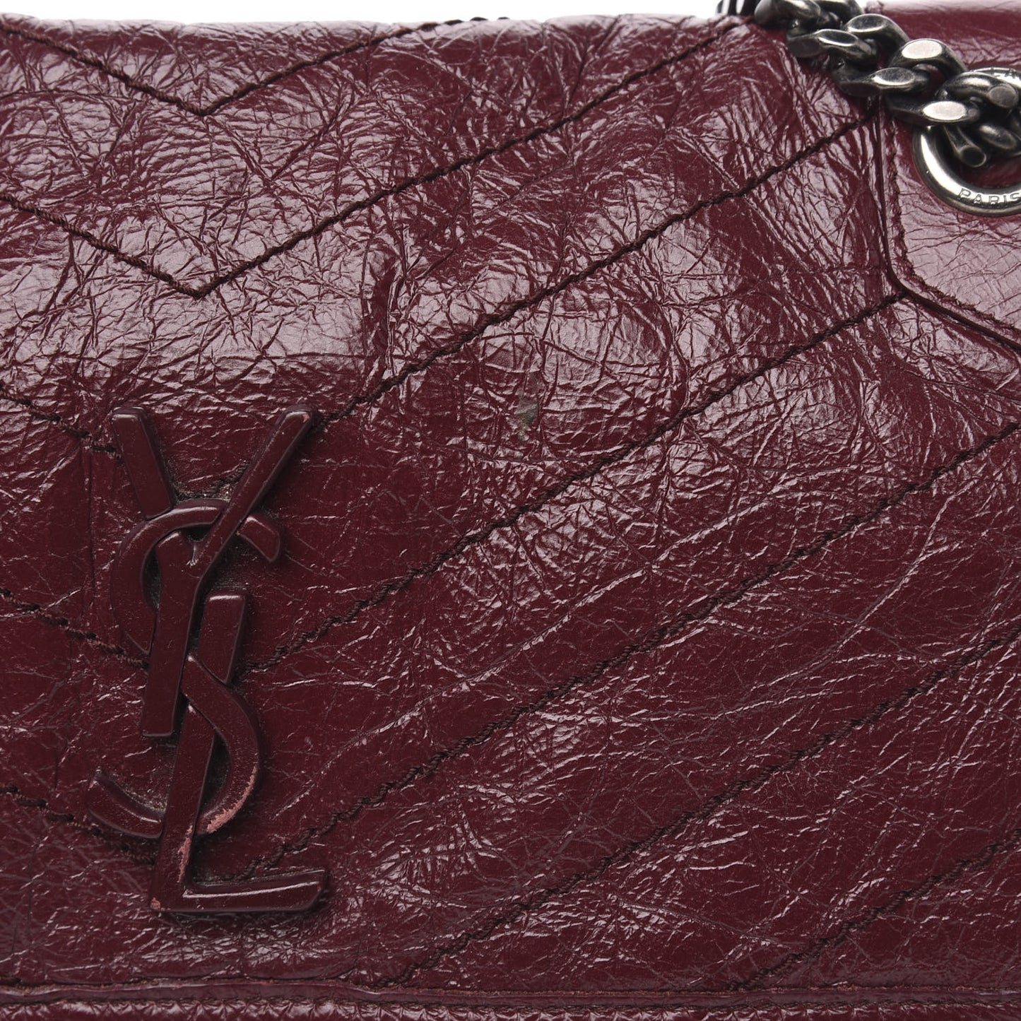 Crinkled Calfskin Matelasse Monogram Medium Niki Chain Satchel Burgundy