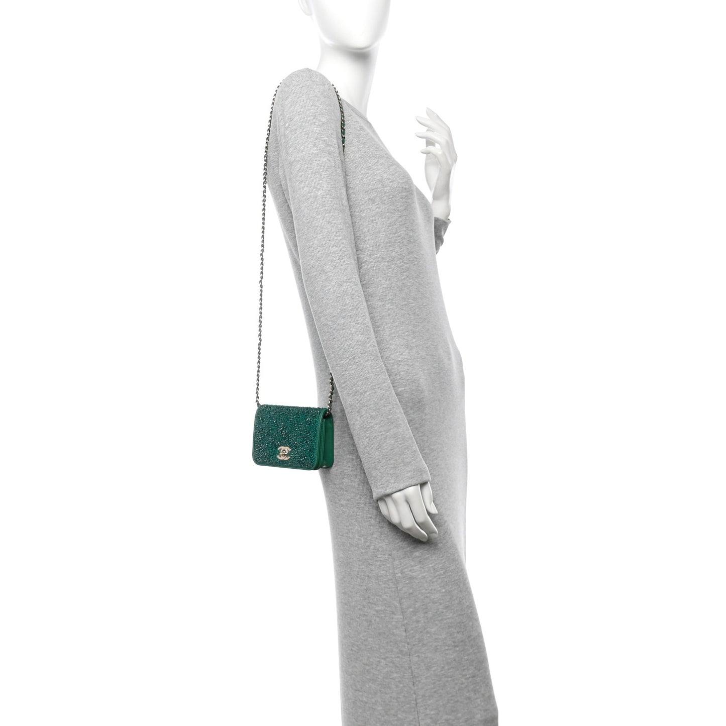 Lambskin Crystal Diamante Clutch With Chain Green