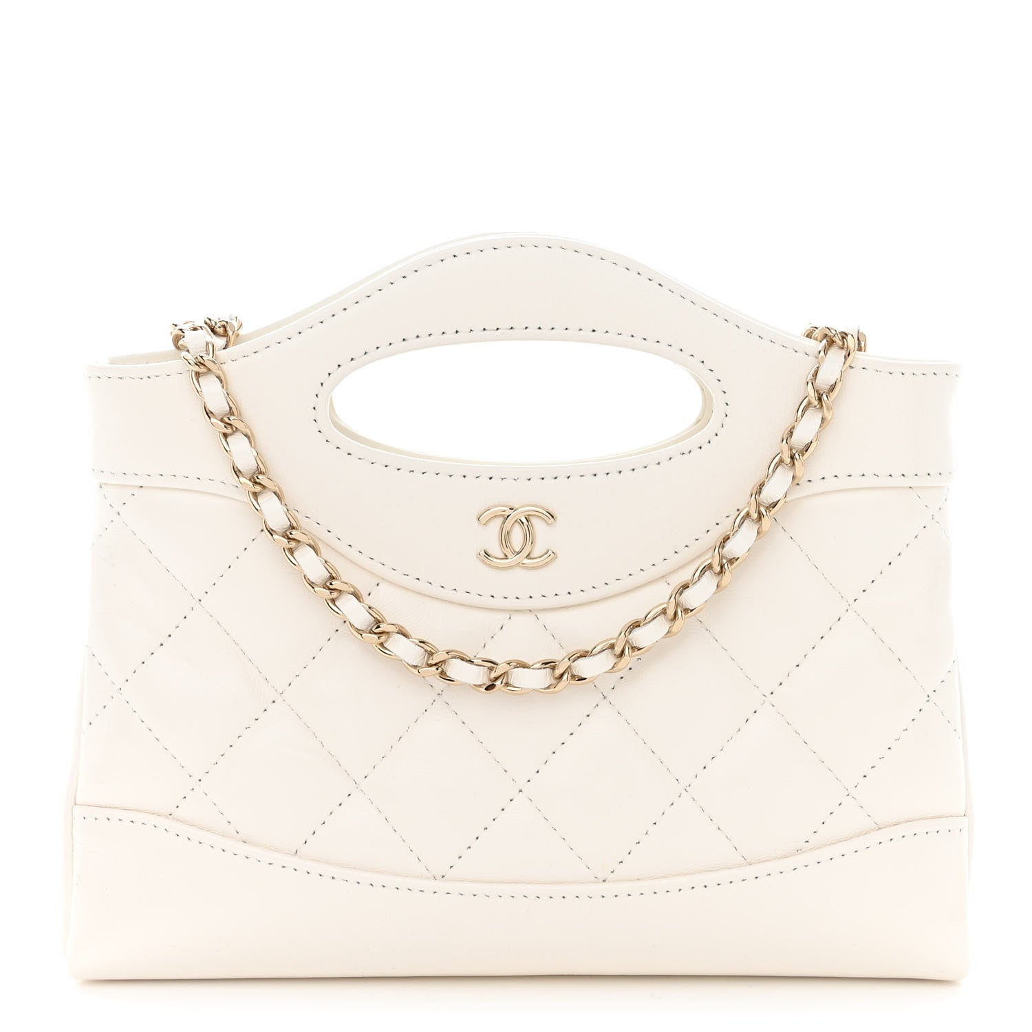 Chanel Shiny Crumpled Calfskin Quilted Nano 31 Shopping Bag White