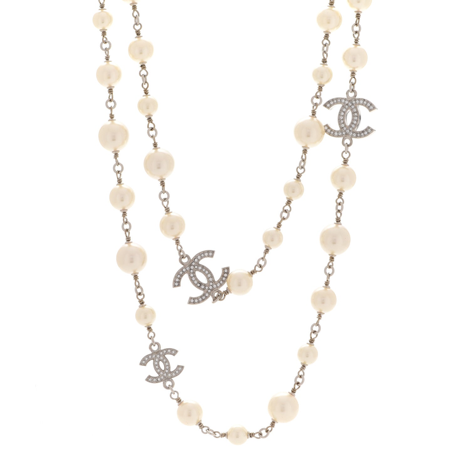 Chanel Crystal Pearl CC Long Necklace Silver 948765 – FASHIONPHILE